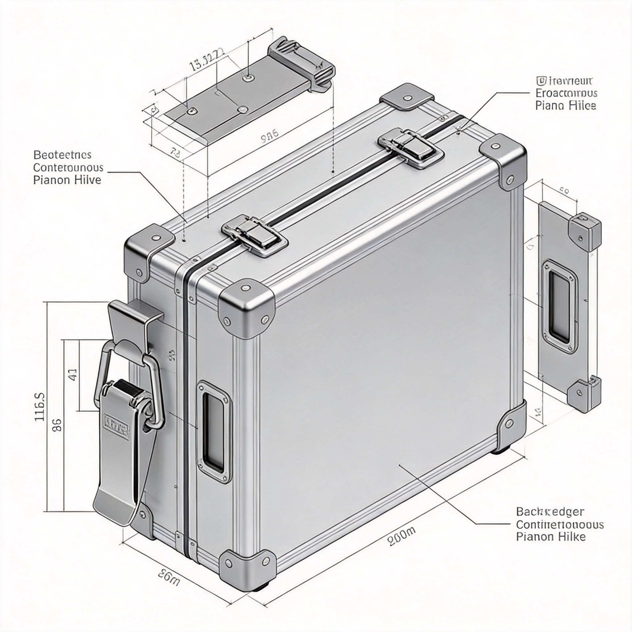 Technical illustration showing hinge placement and span calculation on a transit case