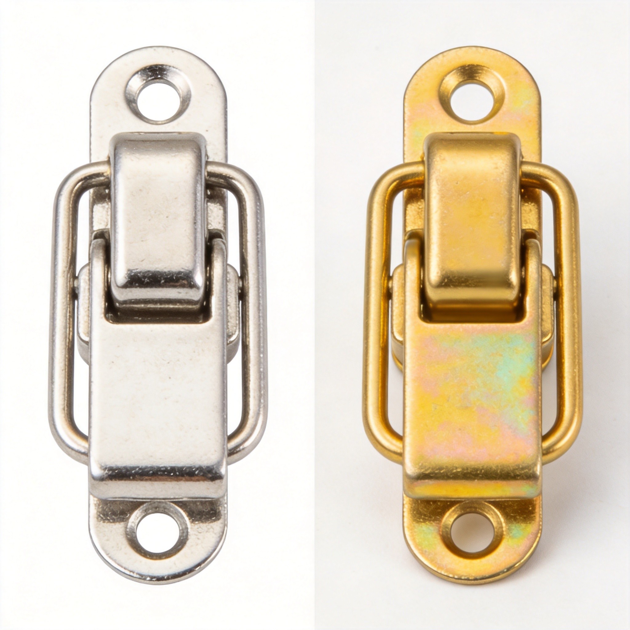 Side-by-side comparison of nickel plated and yellow zinc plated case hardware toggle latches