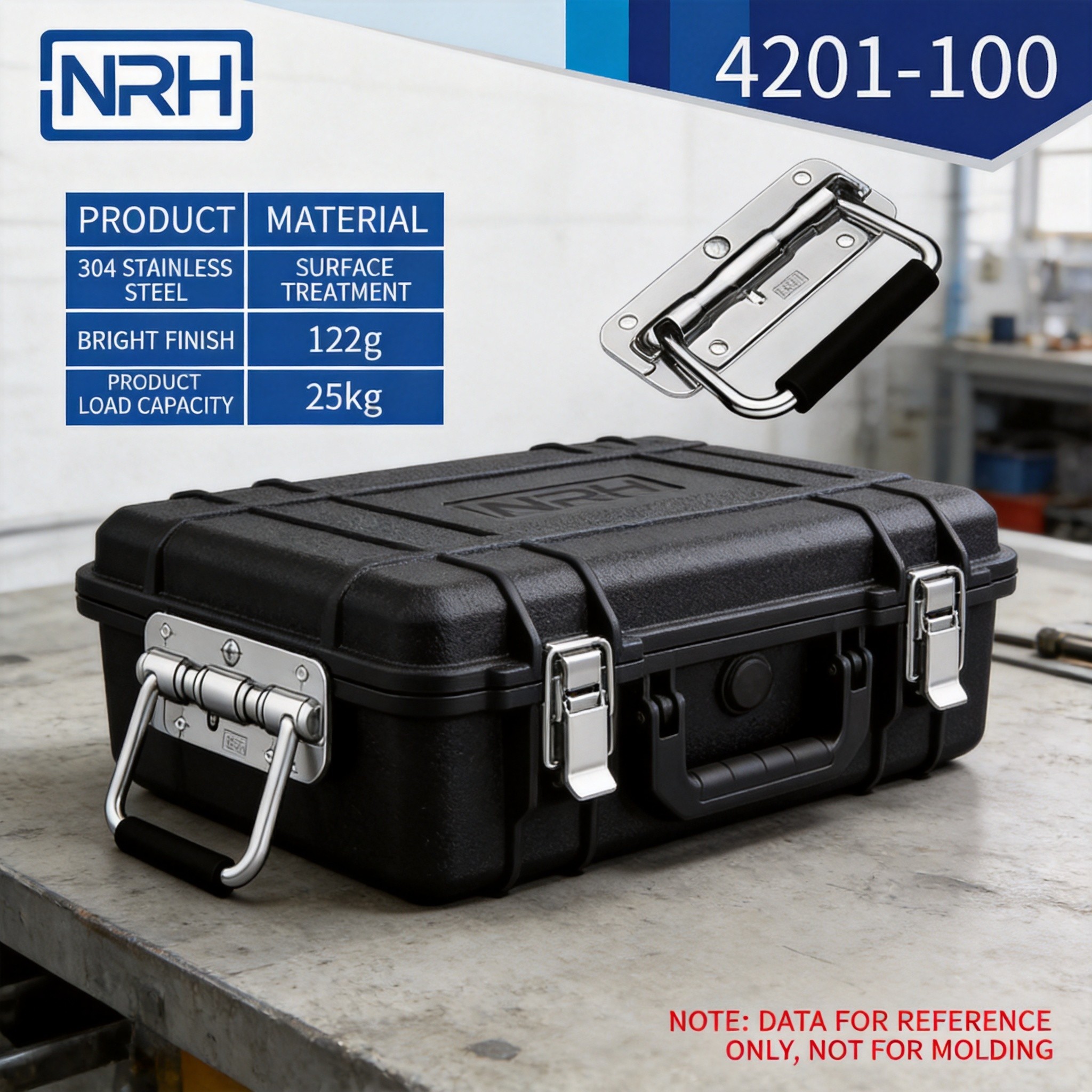 Pelican style waterproof case with stainless steel flush pull folding handles in closed and open positions