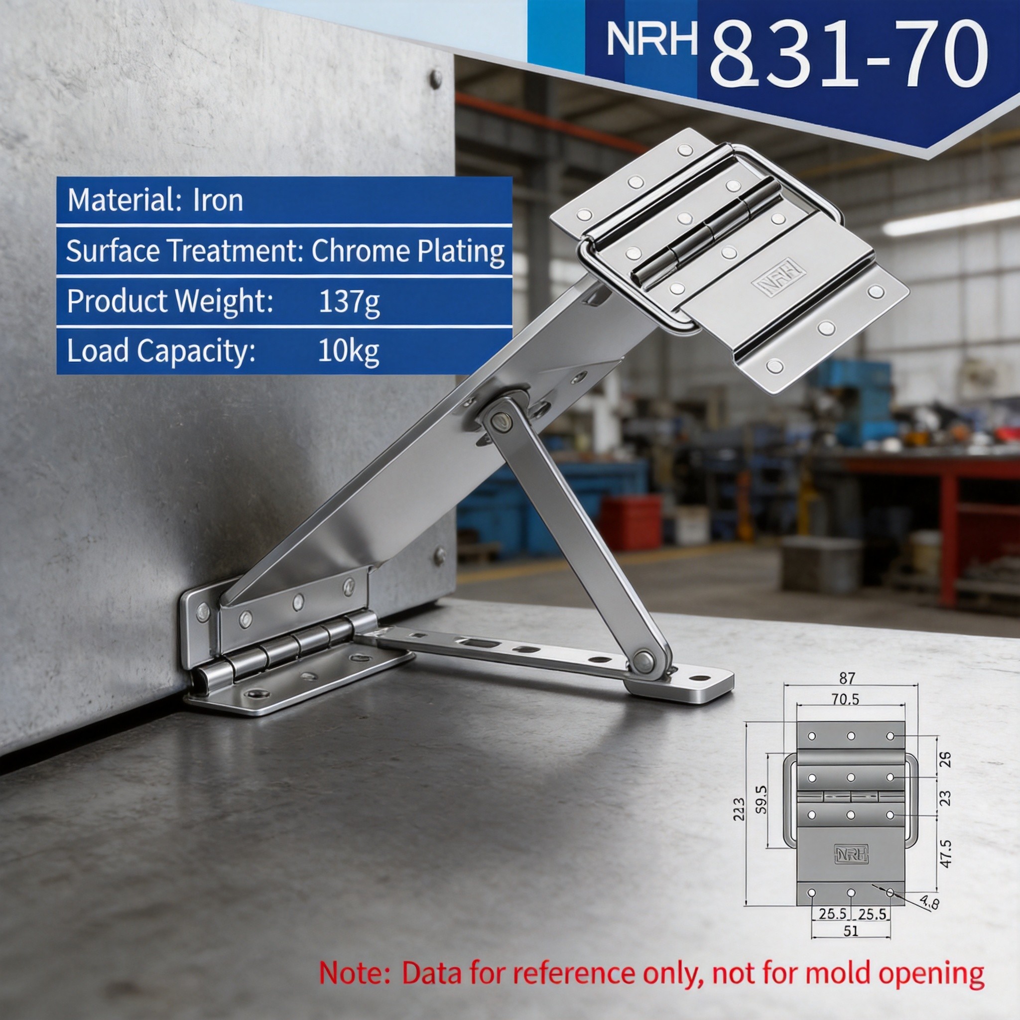Chrome support hinge holding heavy access panel open at 90 degrees in industrial enclosure