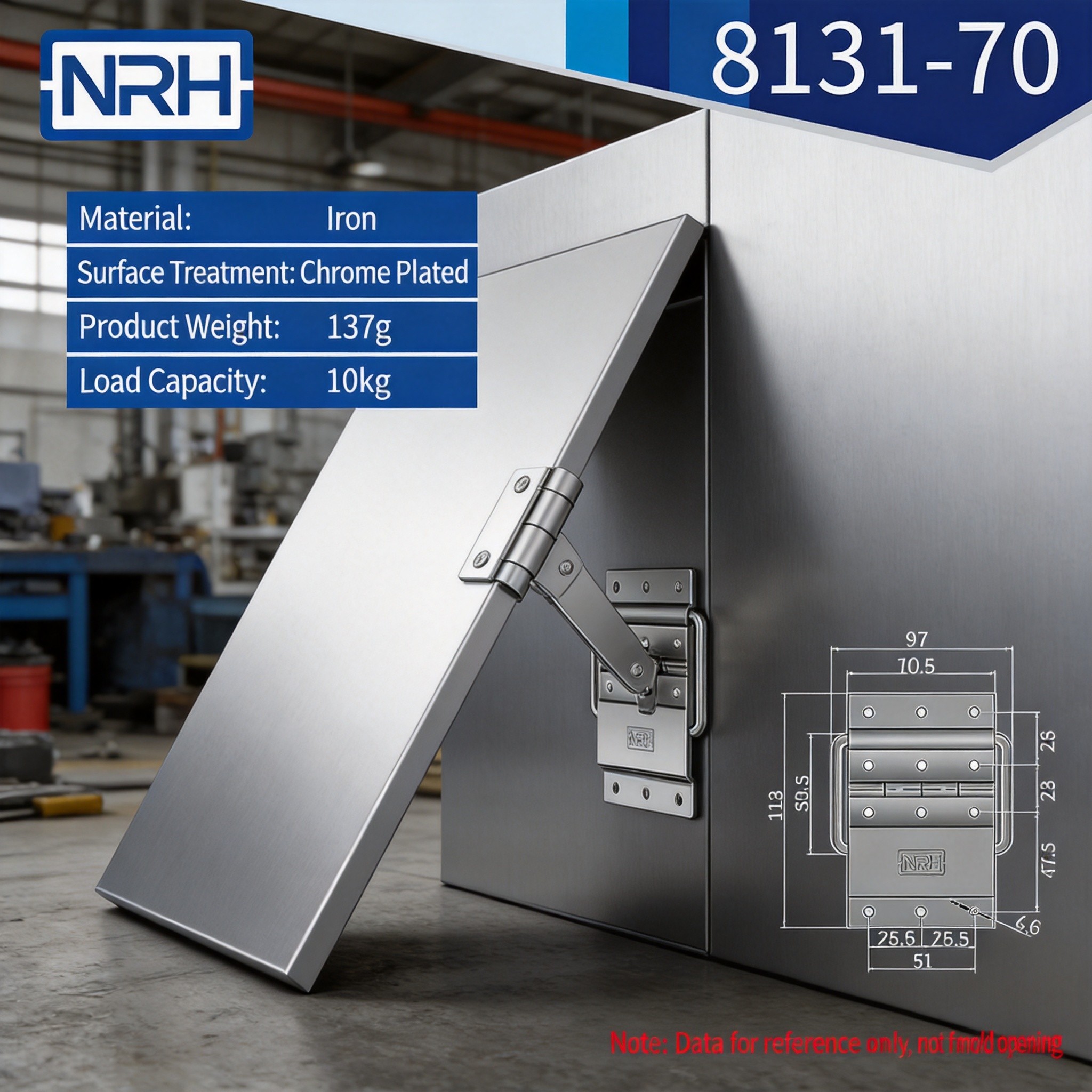 Stay-arm hinge mechanism close-up on steel equipment case lid showing 90-degree support position