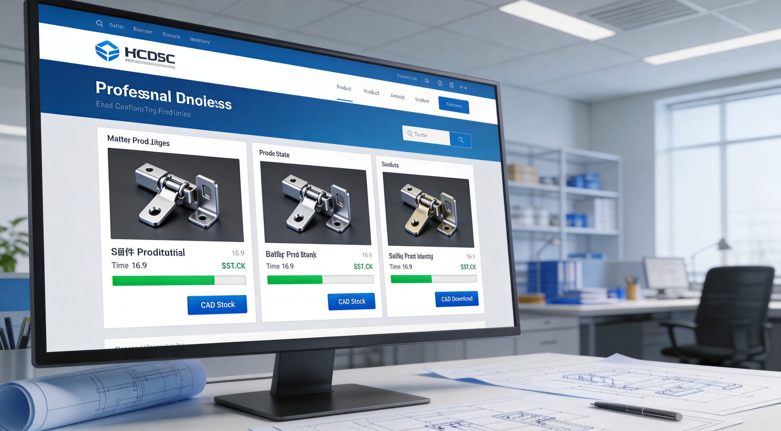B2B online catalog interface showing real-time inventory status and 3D model previews for industrial hardware