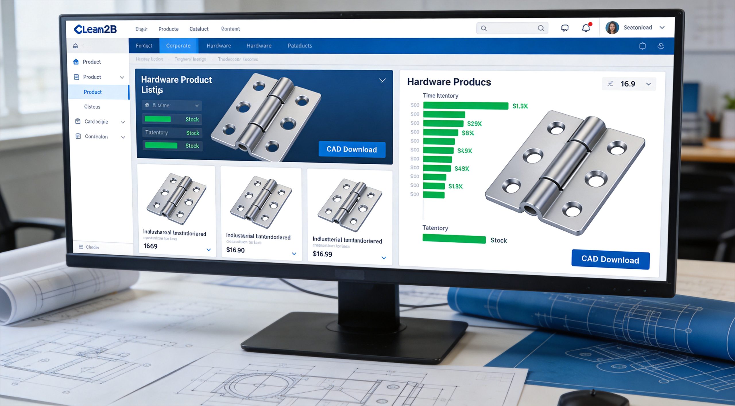 Engineering team reviewing 3D CAD models of case hardware components on multiple screens