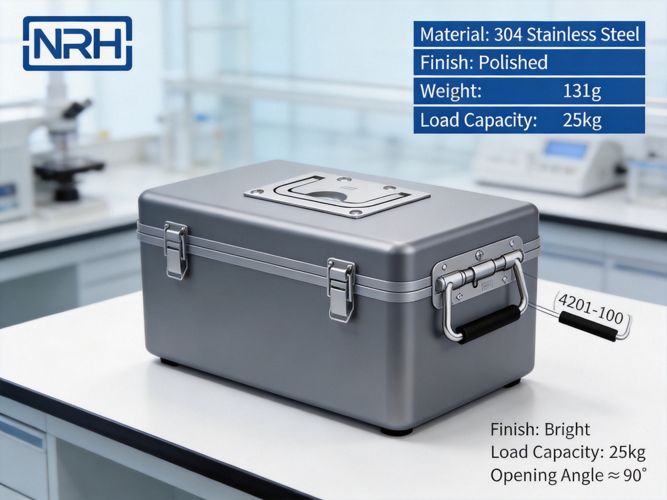 Stainless steel case handles and hardware mounted on scientific instrument carrying case in laboratory environment