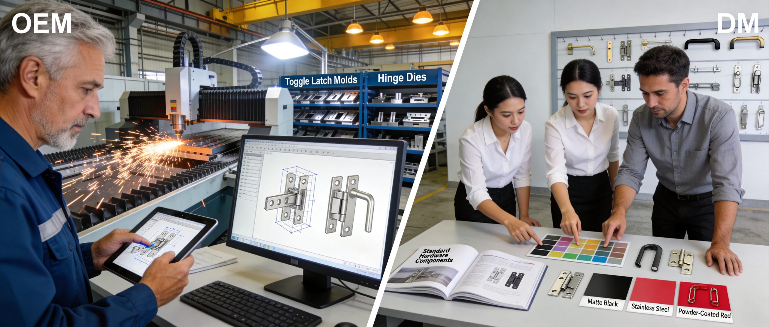 Case hardware tooling and manufacturing process showing mold design for toggle latches and handles