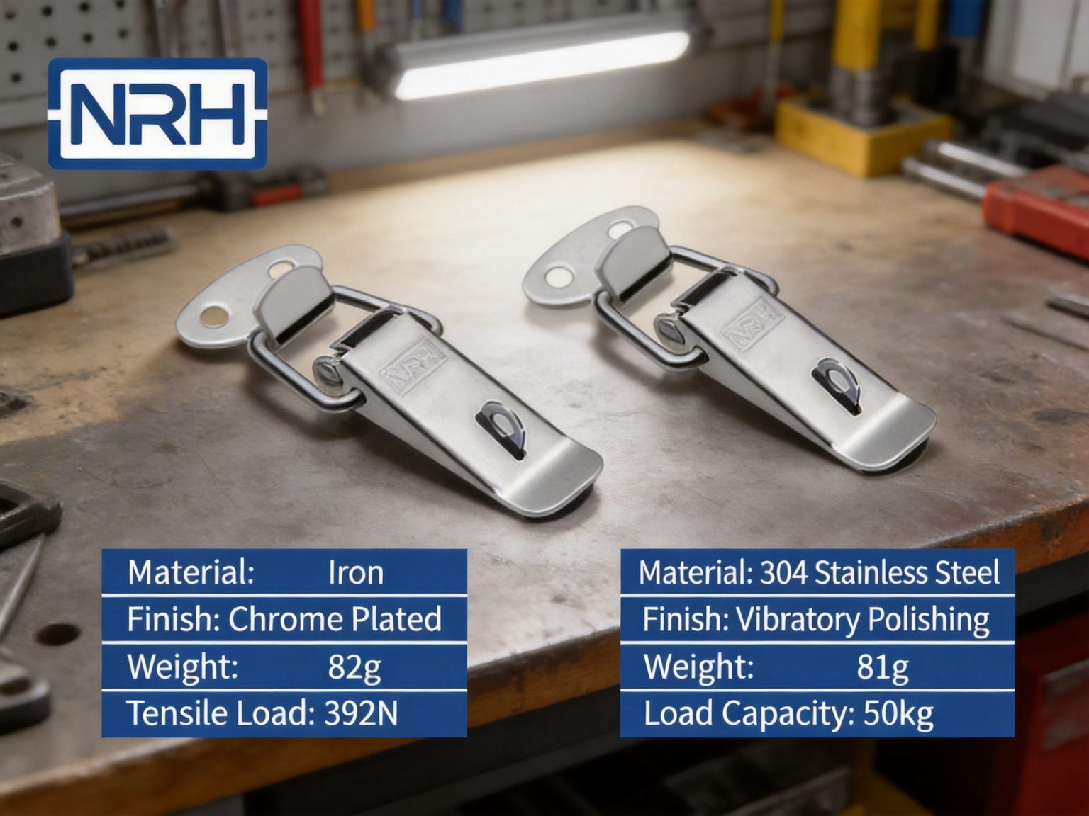 Industrial case hardware comparison showing zinc-plated iron and stainless steel latches handles and hinges on workbench