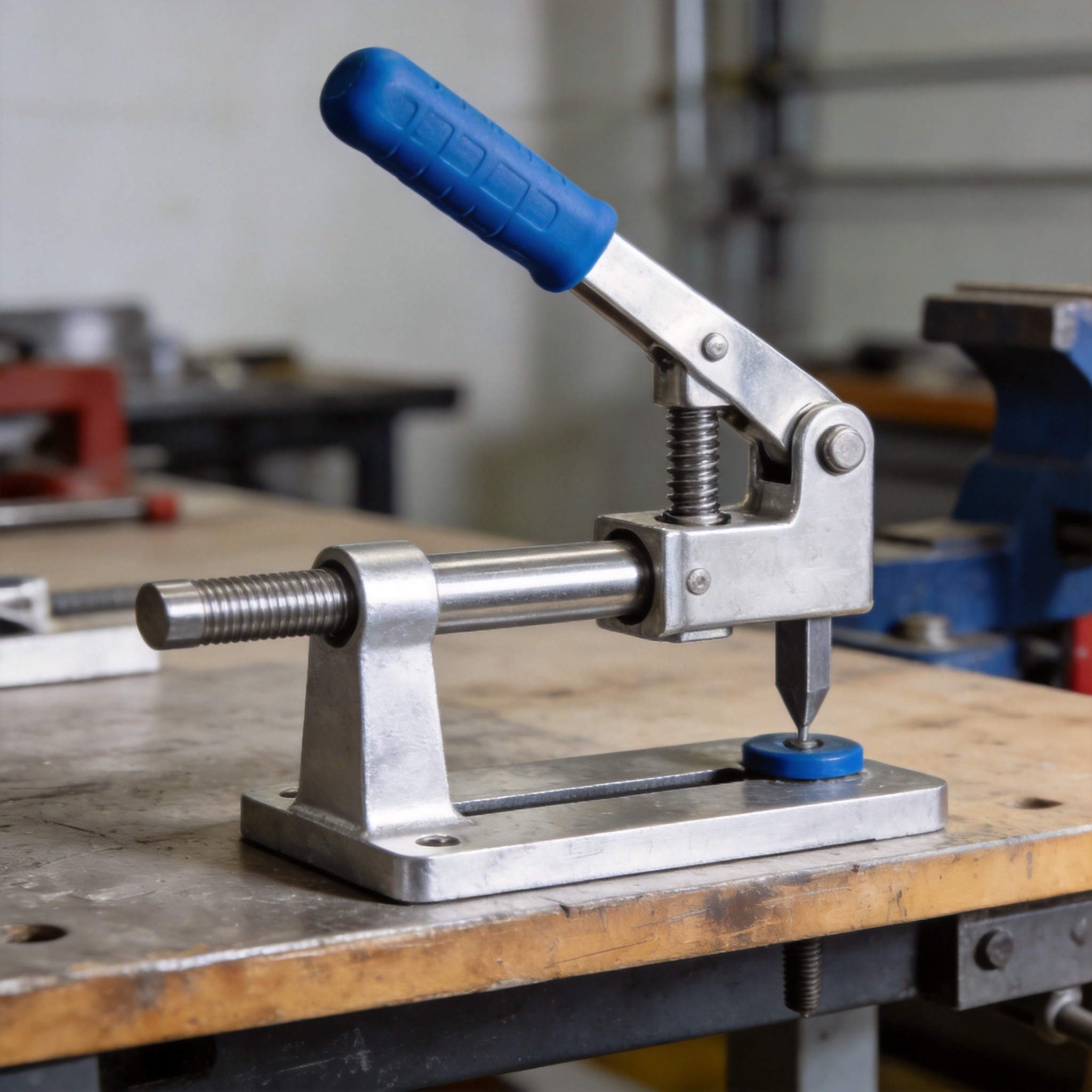 Three types of toggle clamps displayed on industrial workbench: hold-down, vertical, and latch action