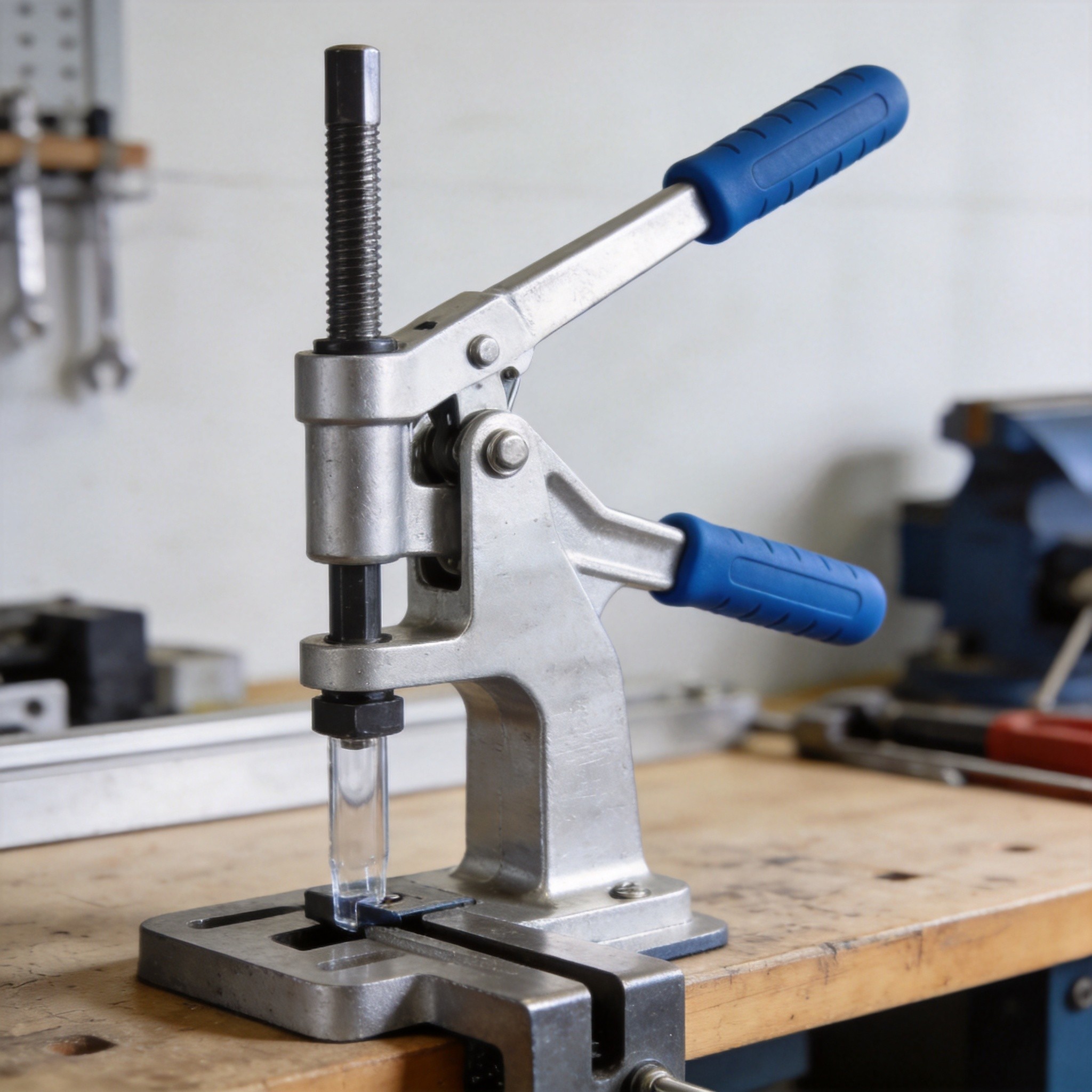 Close-up of toggle clamp over-center linkage mechanism with handle in locked position