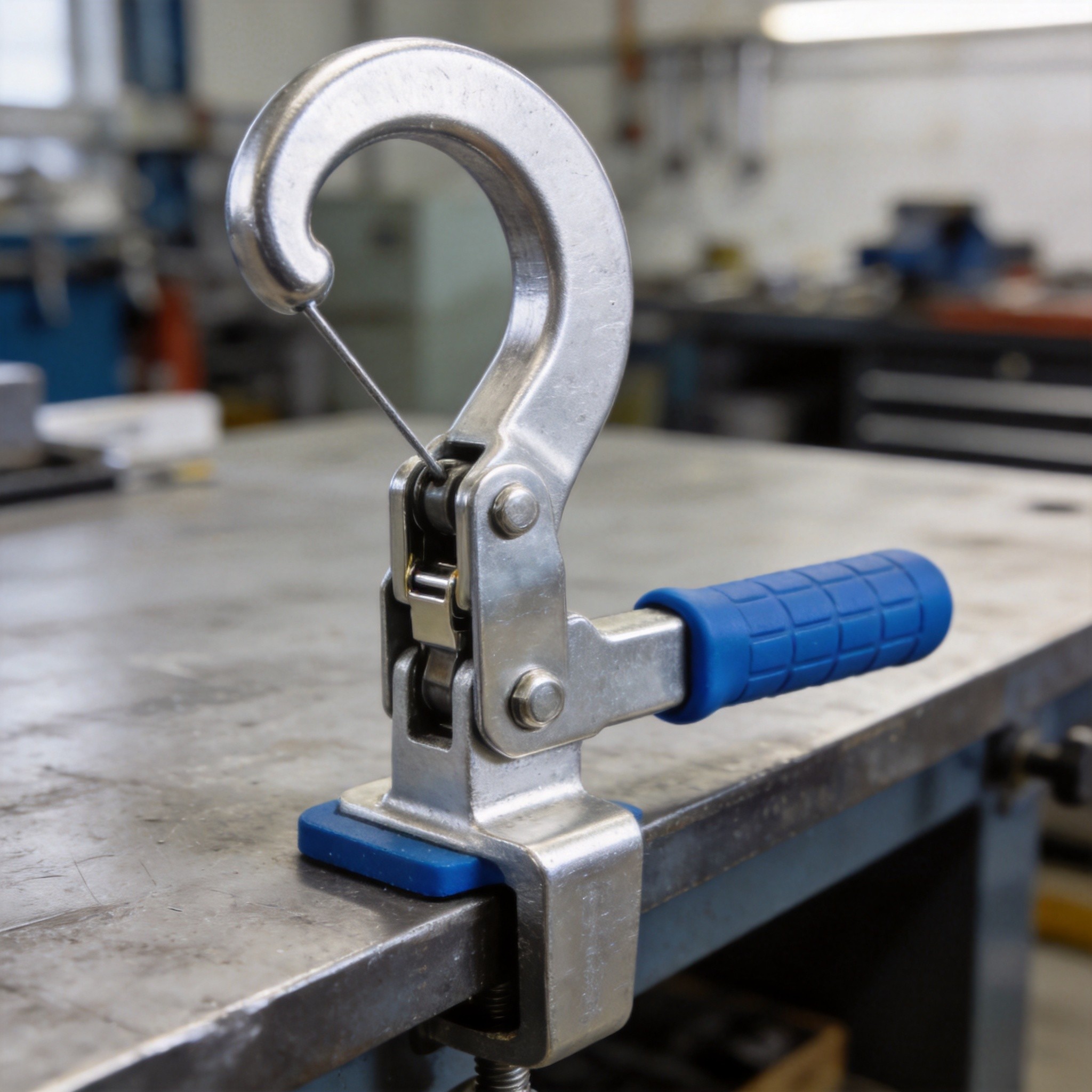 Latch action toggle clamp hooking and pulling enclosure door closed in industrial application