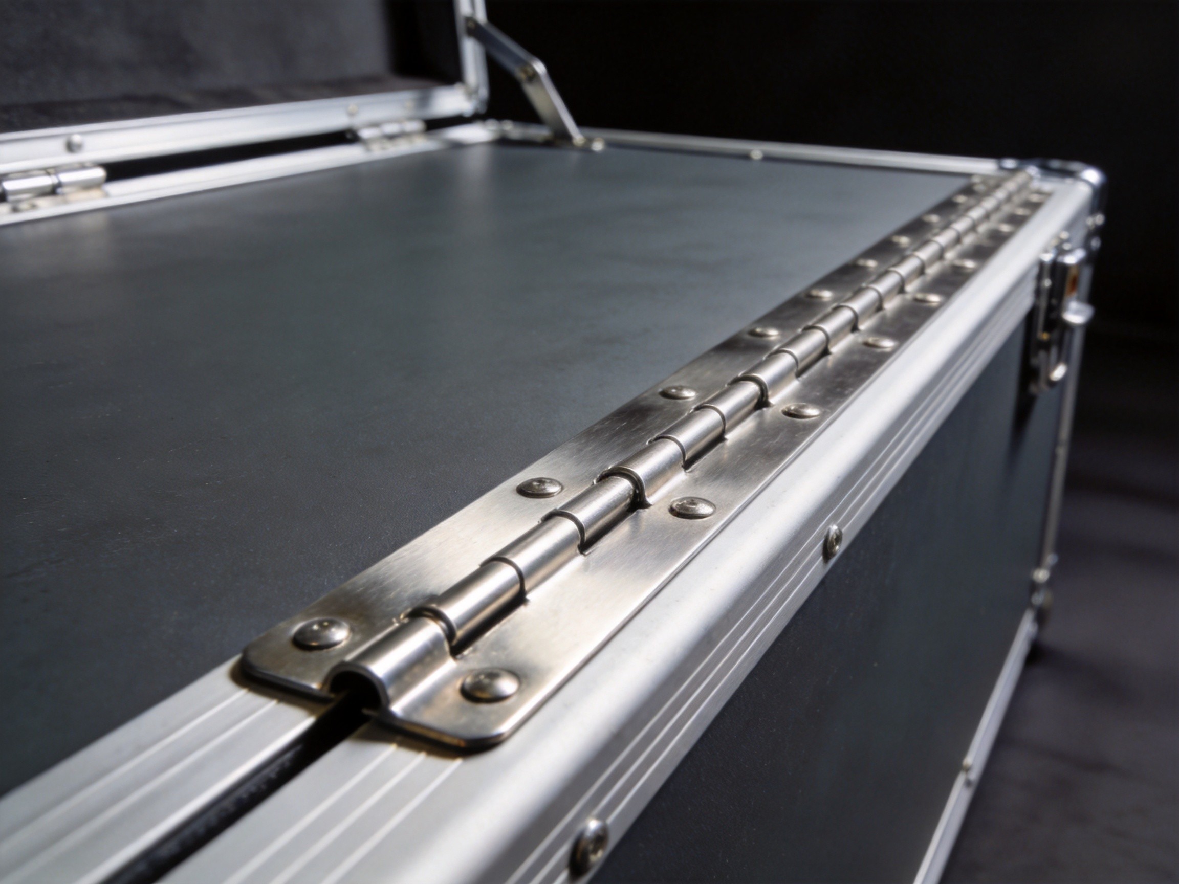 Comparison of stainless steel and chrome plated piano hinges on aluminum transit cases