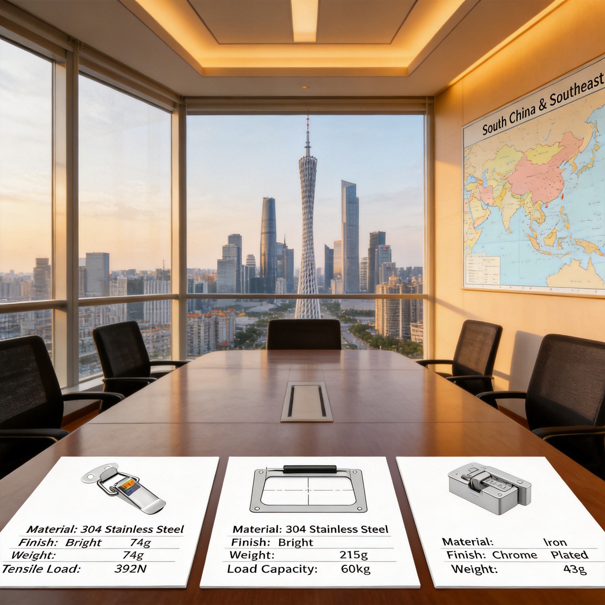 Guangzhou office with industrial case hardware samples and South China Southeast Asia market map
