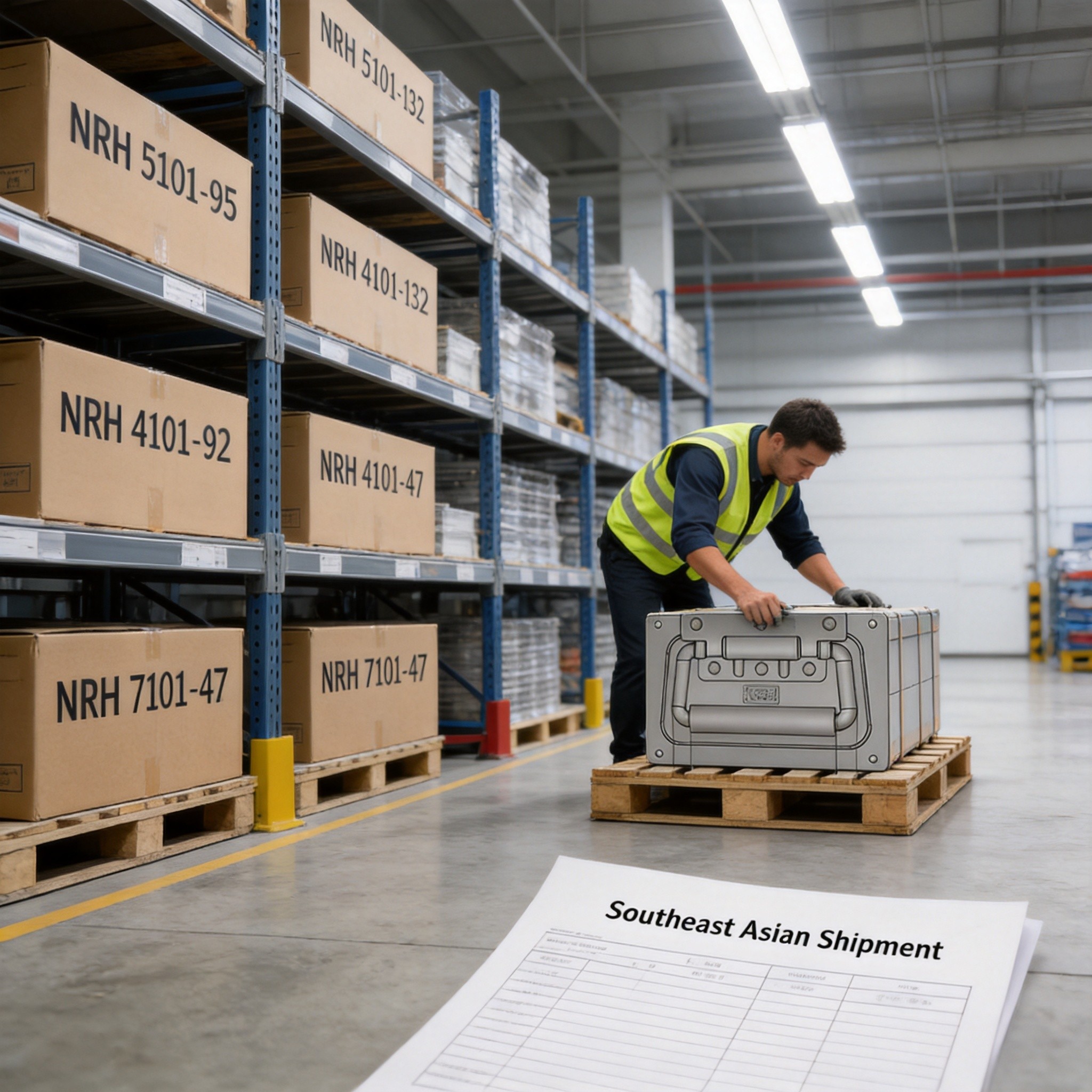 Warehouse with case hardware inventory prepared for Southeast Asian shipment export