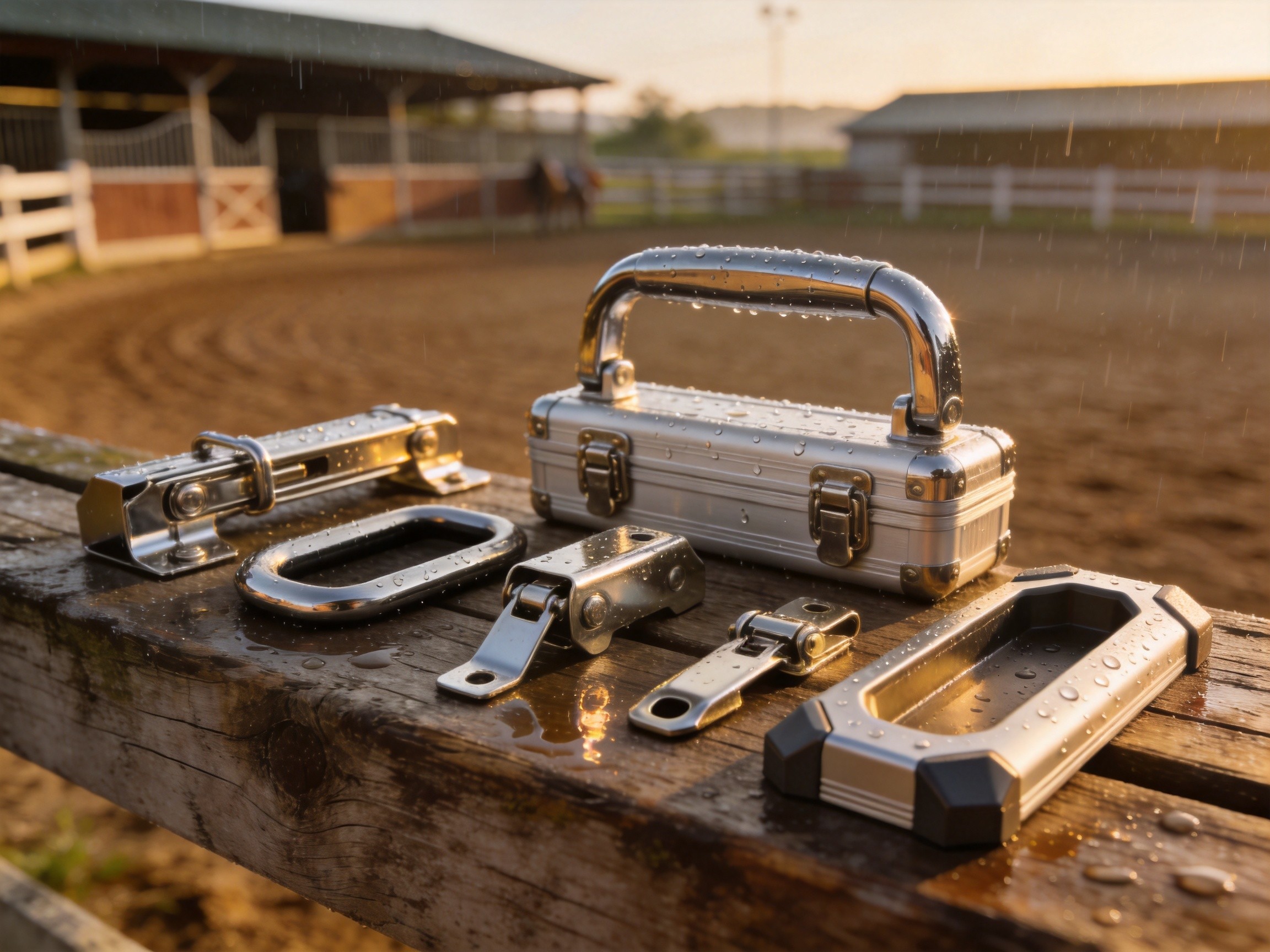 Equestrian gear case with weather-resistant latches and folding handles at outdoor riding arena