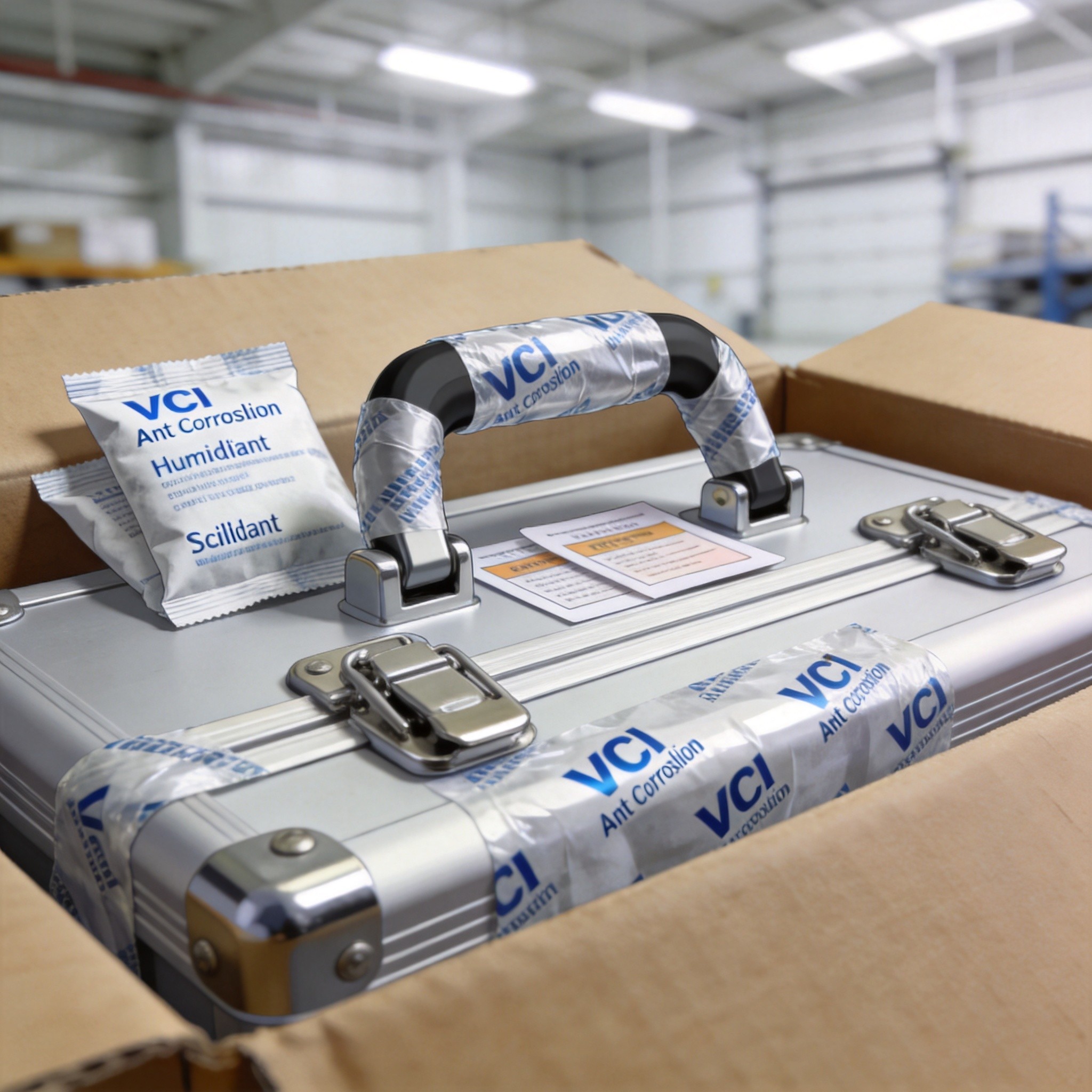 VCI anti-corrosion packaging for case hardware with desiccant packs and humidity indicator cards