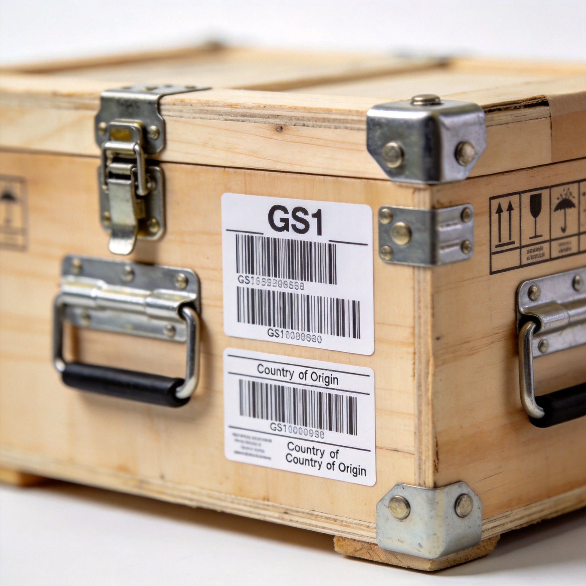 GS1 barcode labels and country of origin markings on shipping case with metal hardware