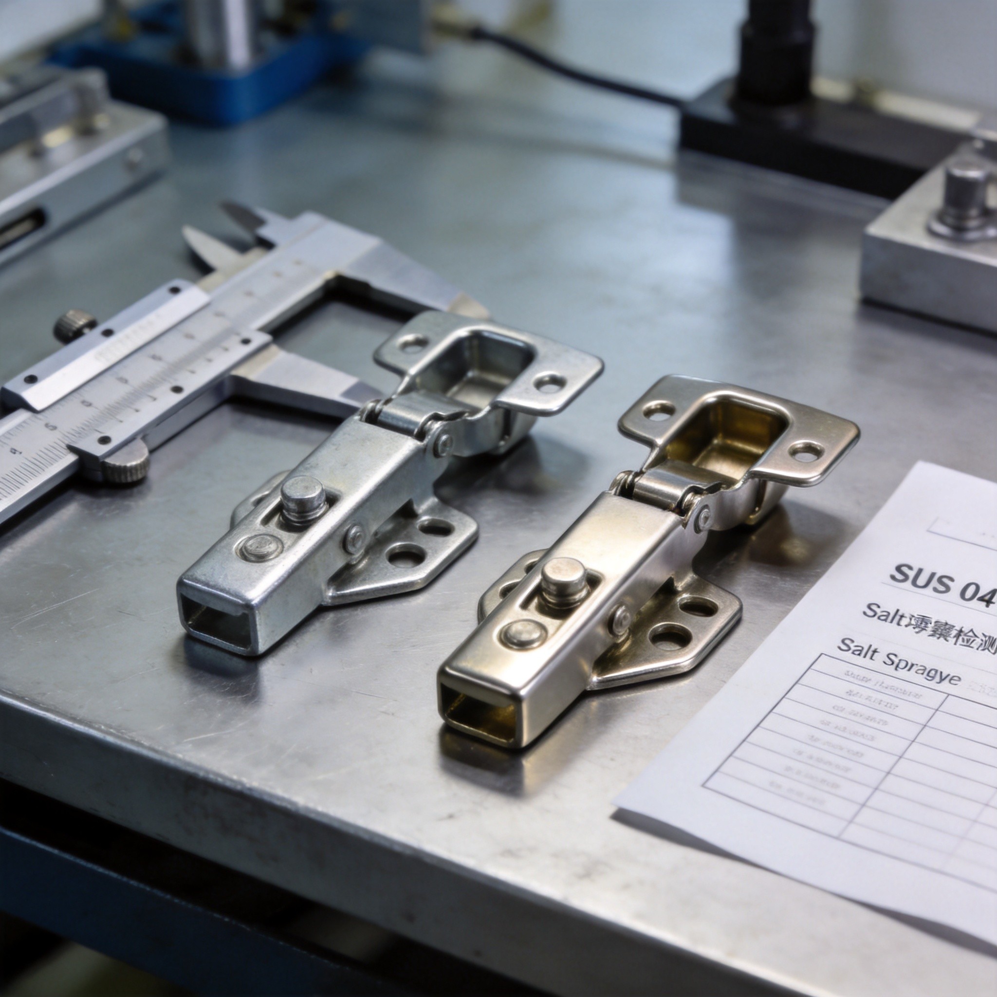 Zinc-plated mild steel latch versus SUS304 stainless steel latch side by side comparison on workbench