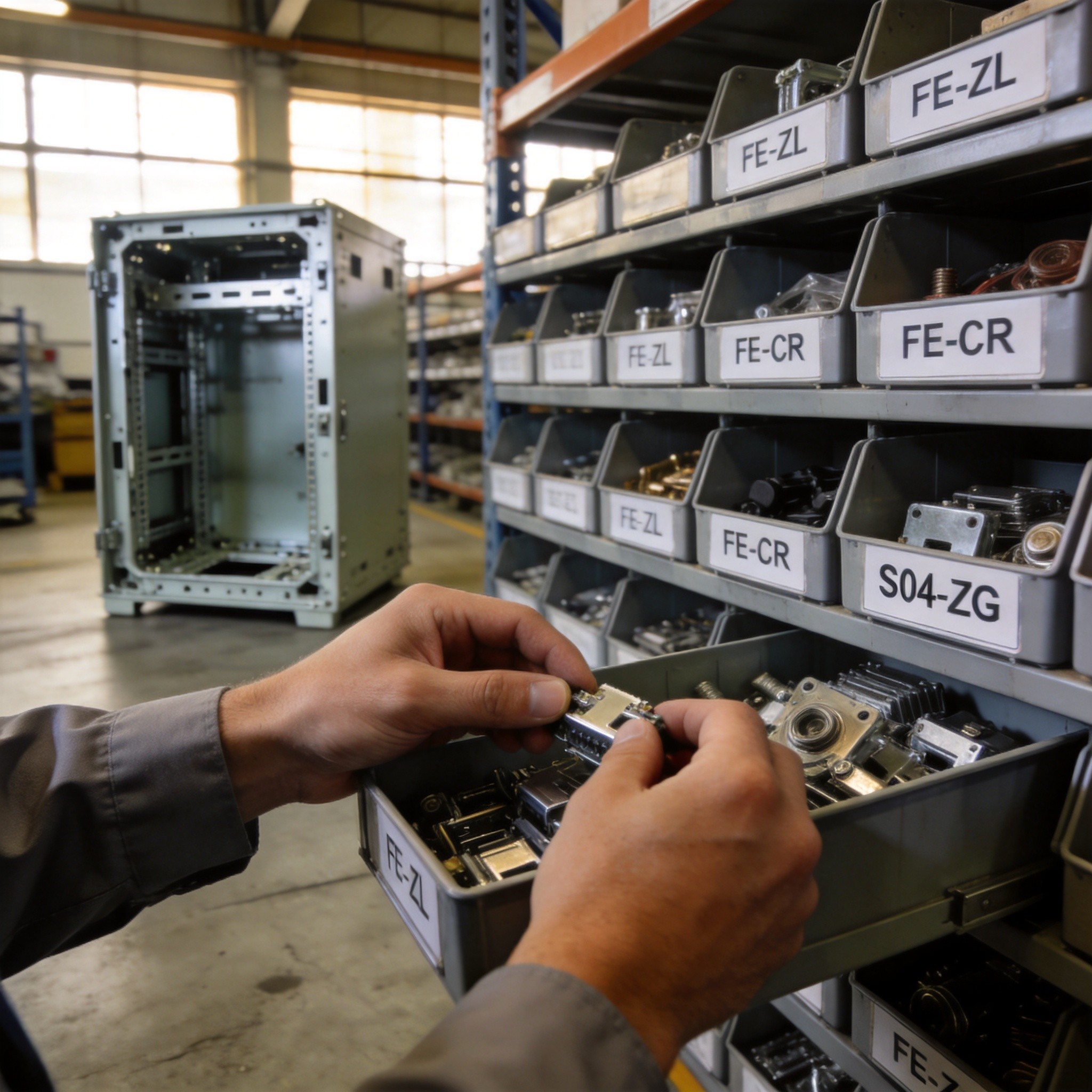 Industrial engineer selecting case hardware components from organized bins with finish code labels