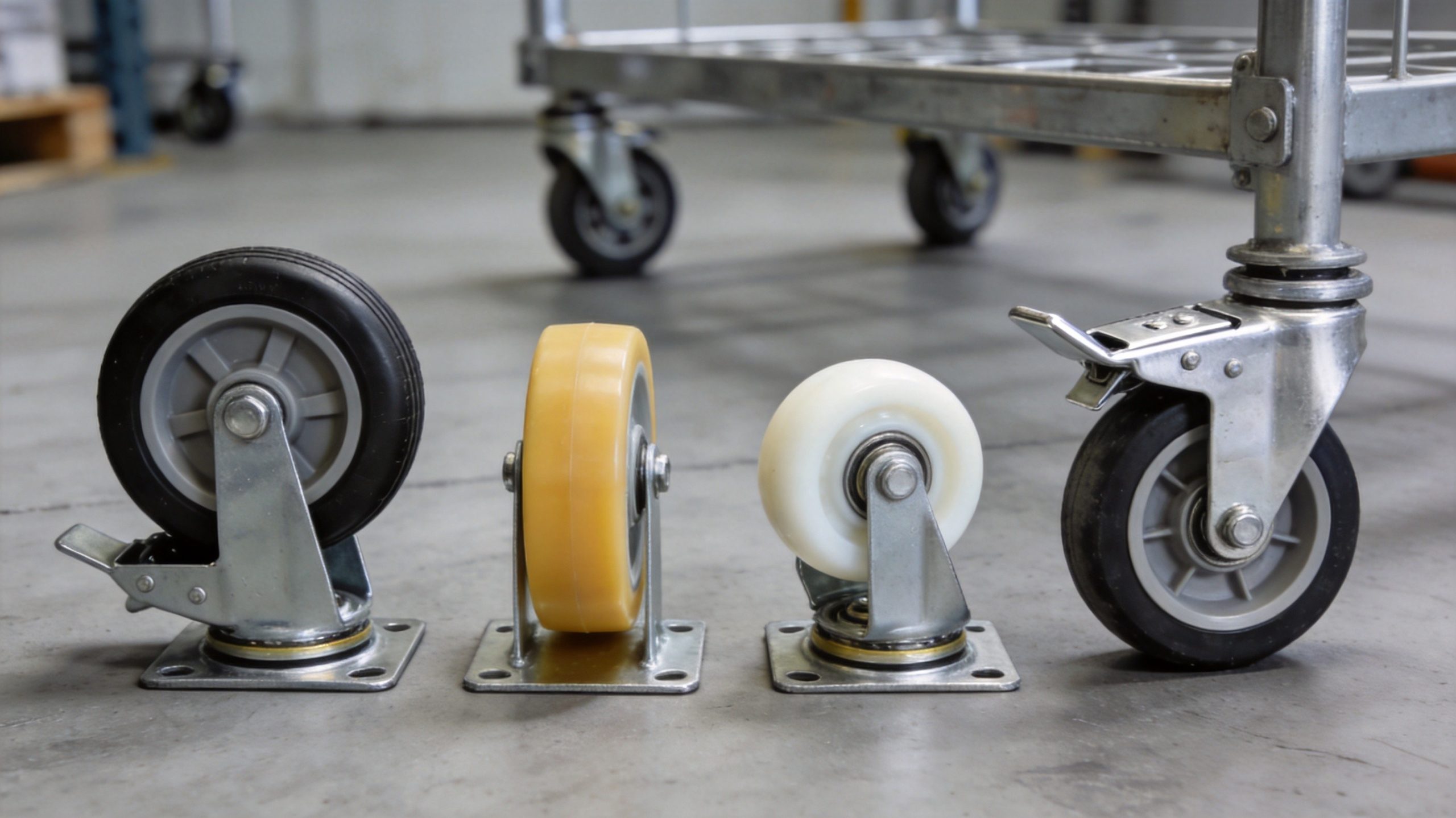 Four types of industrial caster wheels on warehouse floor: rubber swivel caster, polyurethane rigid caster, nylon swivel caster, and steel caster with brake