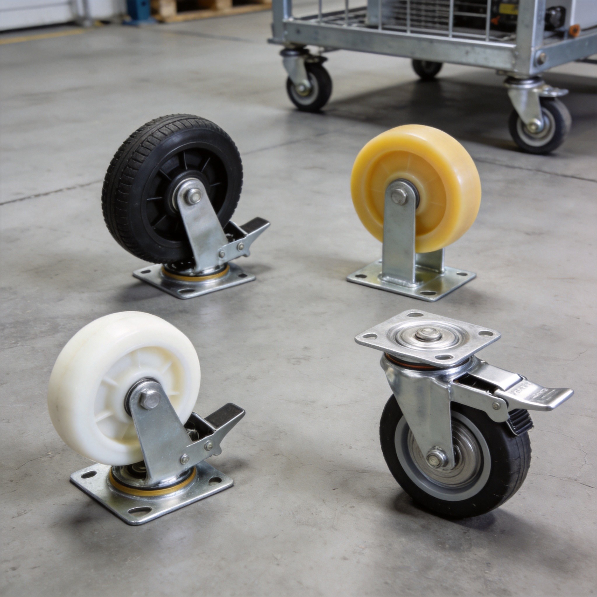Close-up comparison of rubber, polyurethane, nylon, and steel caster wheels with brake mechanisms on industrial concrete floor