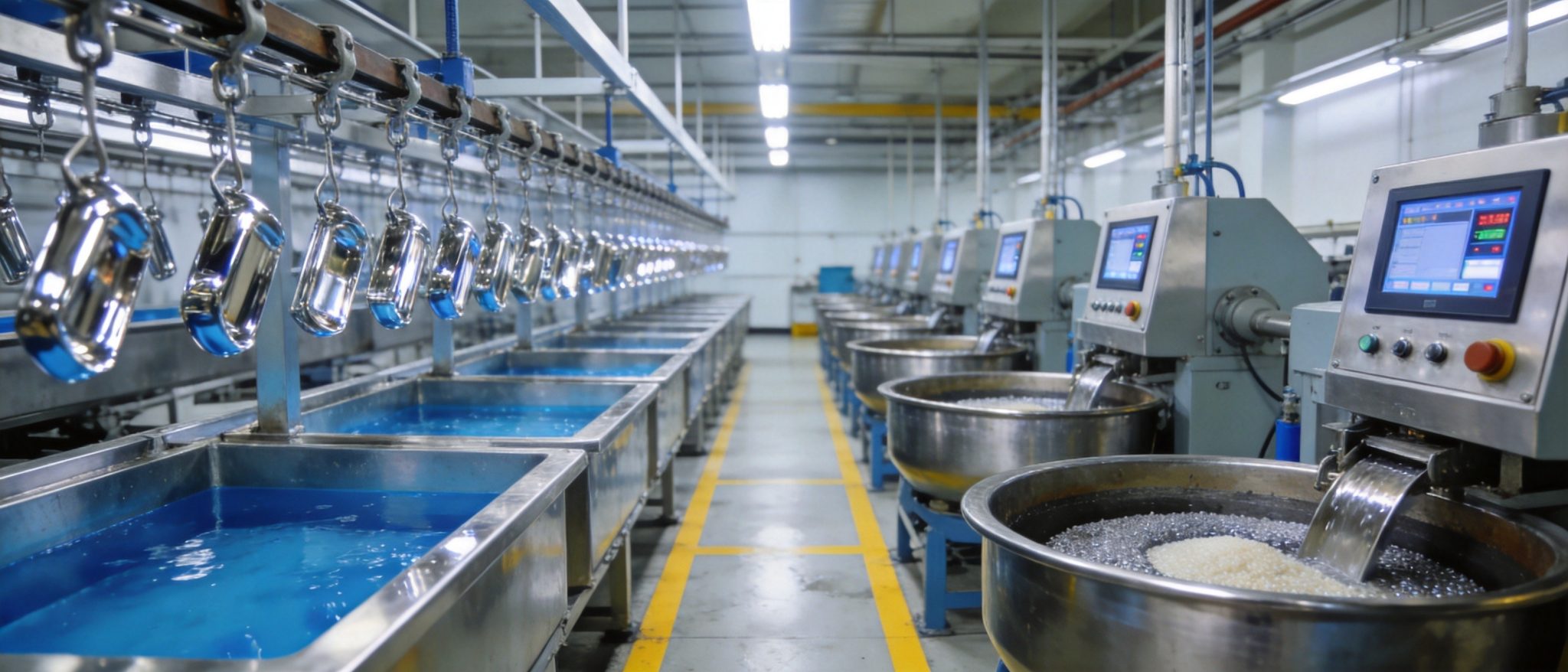 Advanced surface treatment production line at NRH Dongguan manufacturing facility showing zinc plating tanks and chrome plating stations with overhead conveyor system