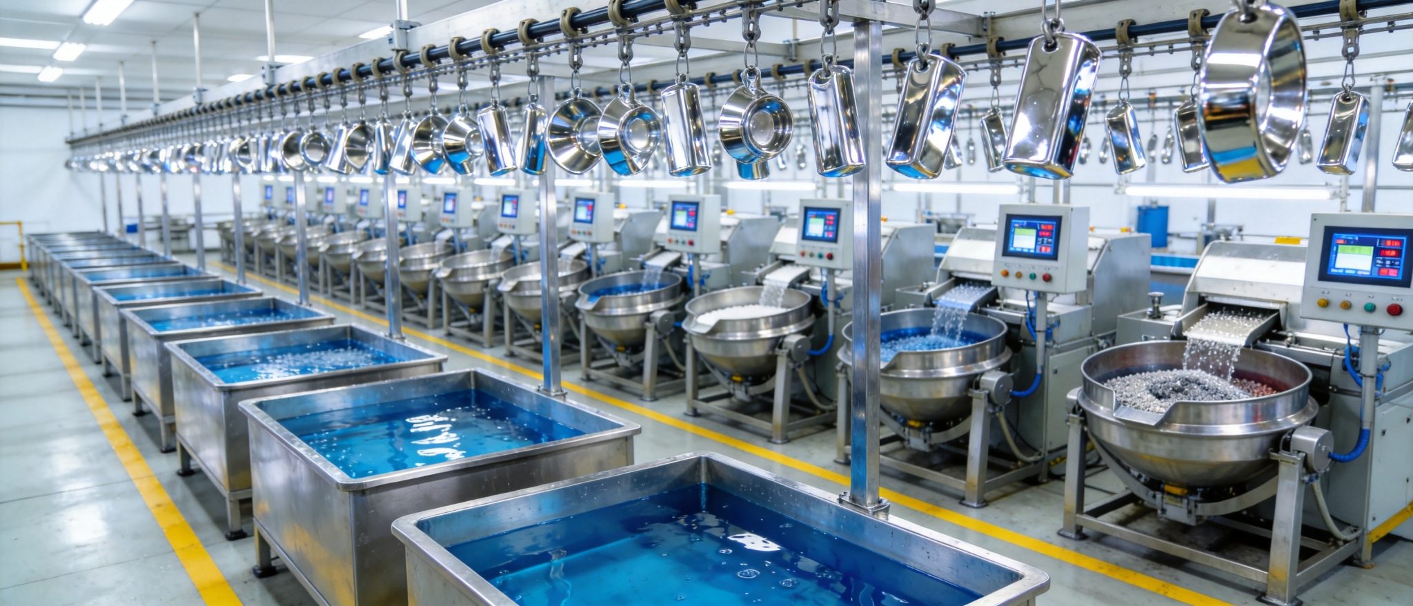Vibratory finishing machines and chrome plating control panels in NRH Dongguan surface treatment facility with polished metal hardware parts on conveyor