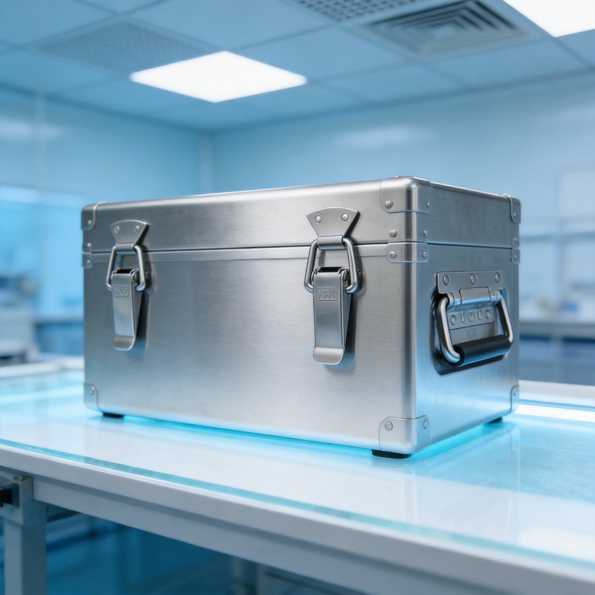 Stainless steel transport case with SUS304 latches and handles in a semiconductor cleanroom environment