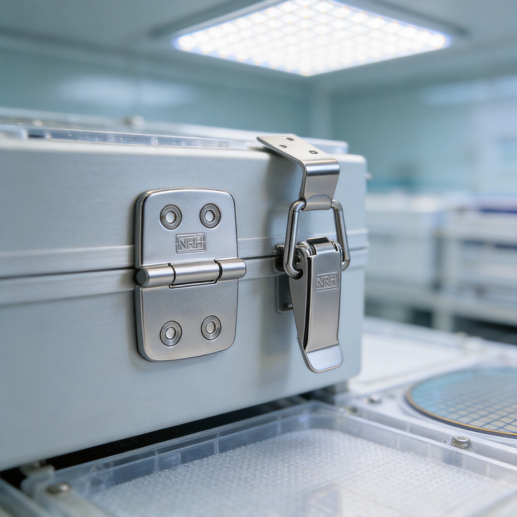 Close-up detail of SUS304 stainless steel hinge and draw latch hardware on a wafer transport container