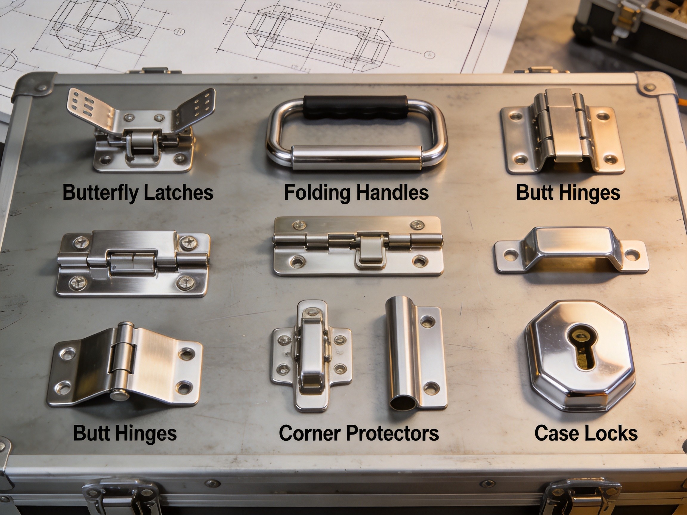 Assorted case hardware including latches, handles, hinges, and corner protectors on an industrial workbench
