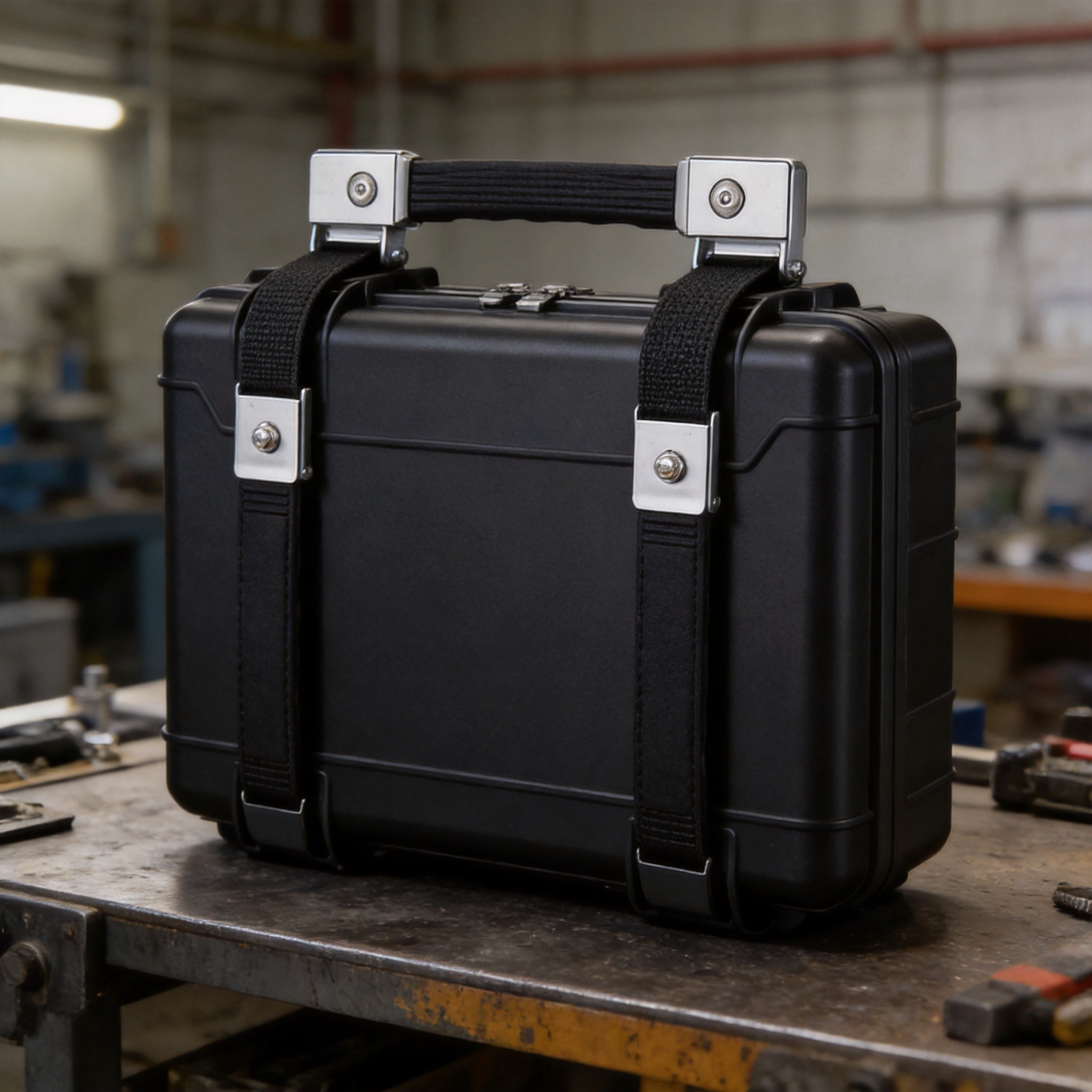 Black rubber strap handles mounted on a portable equipment case in a workshop setting