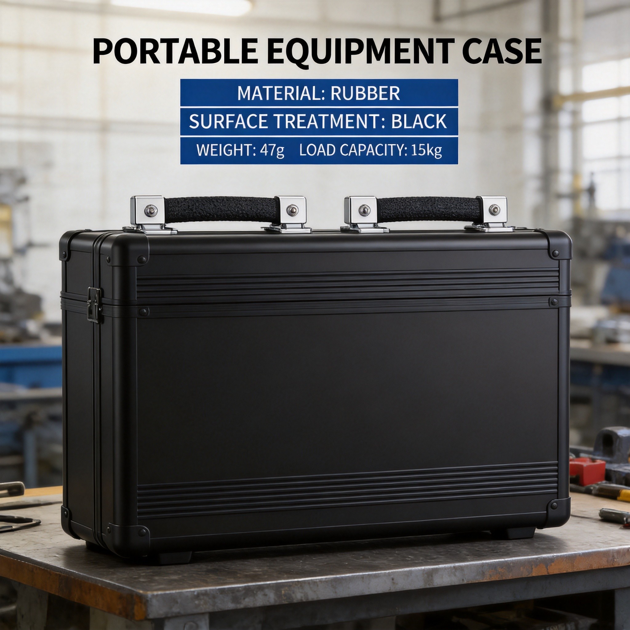Close-up of rubber strap handle with metal mounting brackets on a black case