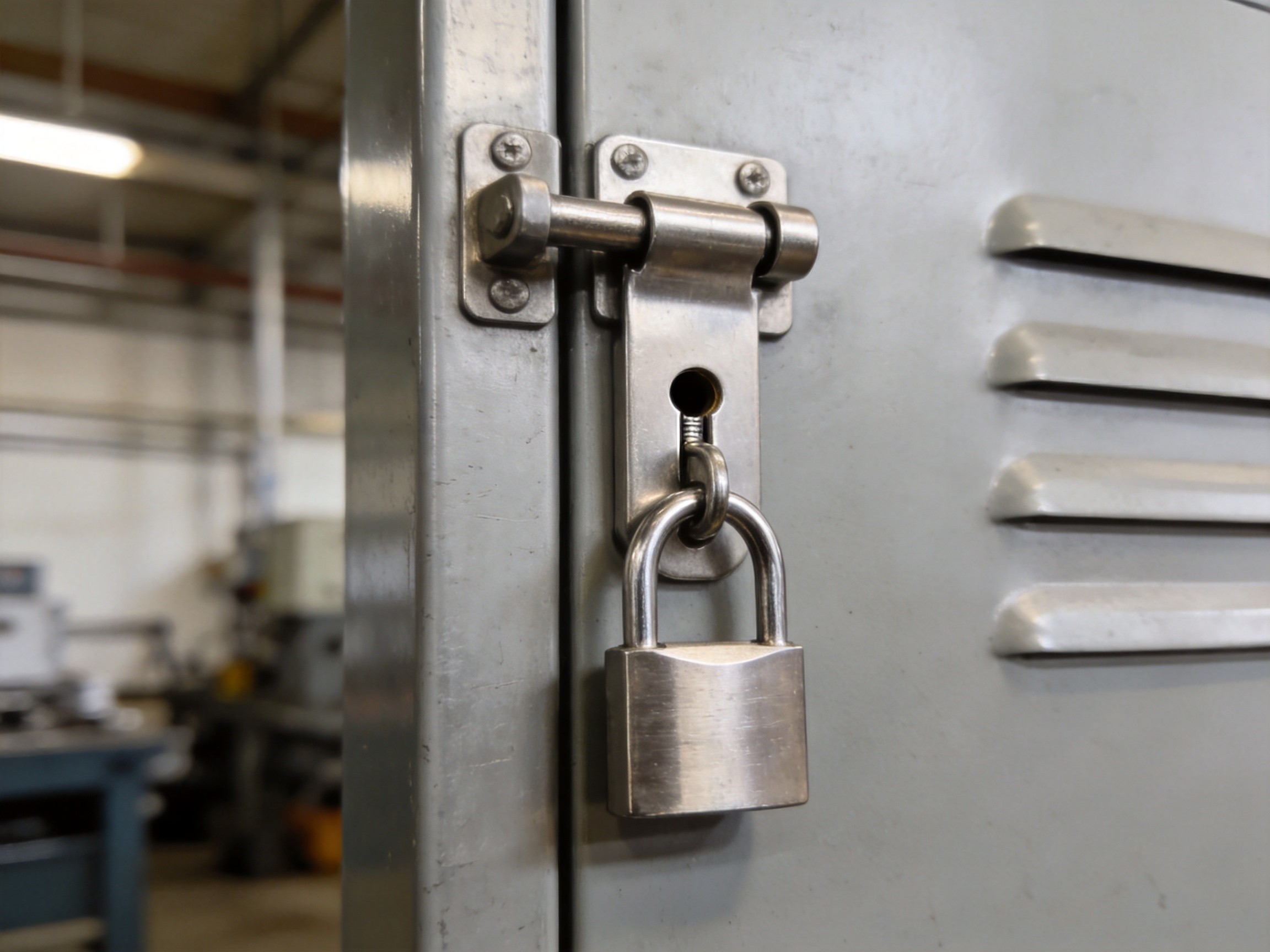 Lockable toggle latch installed on industrial metal enclosure showing padlock loop detail