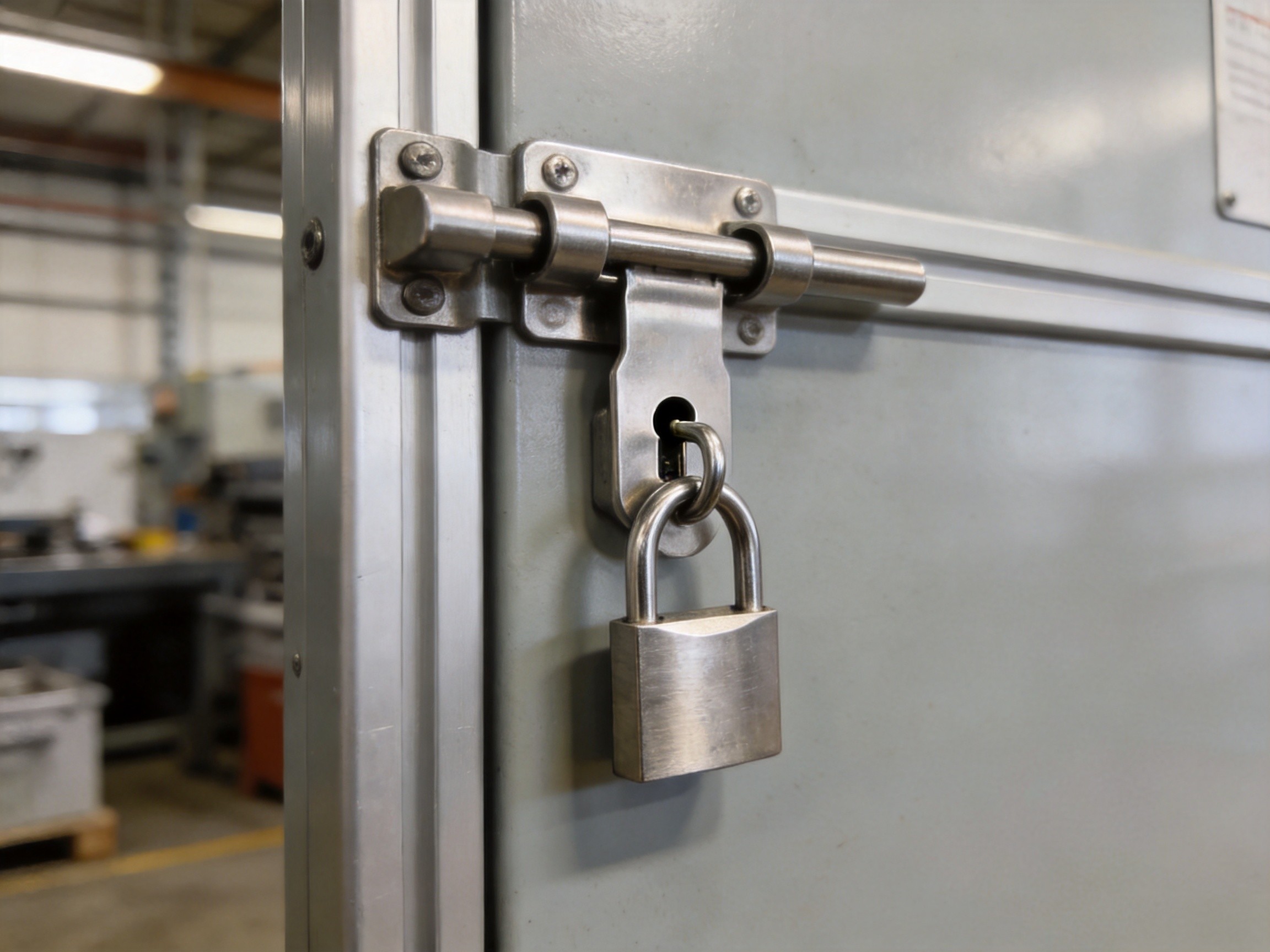 Close-up of keyed cylinder lockable toggle latch on equipment cabinet door