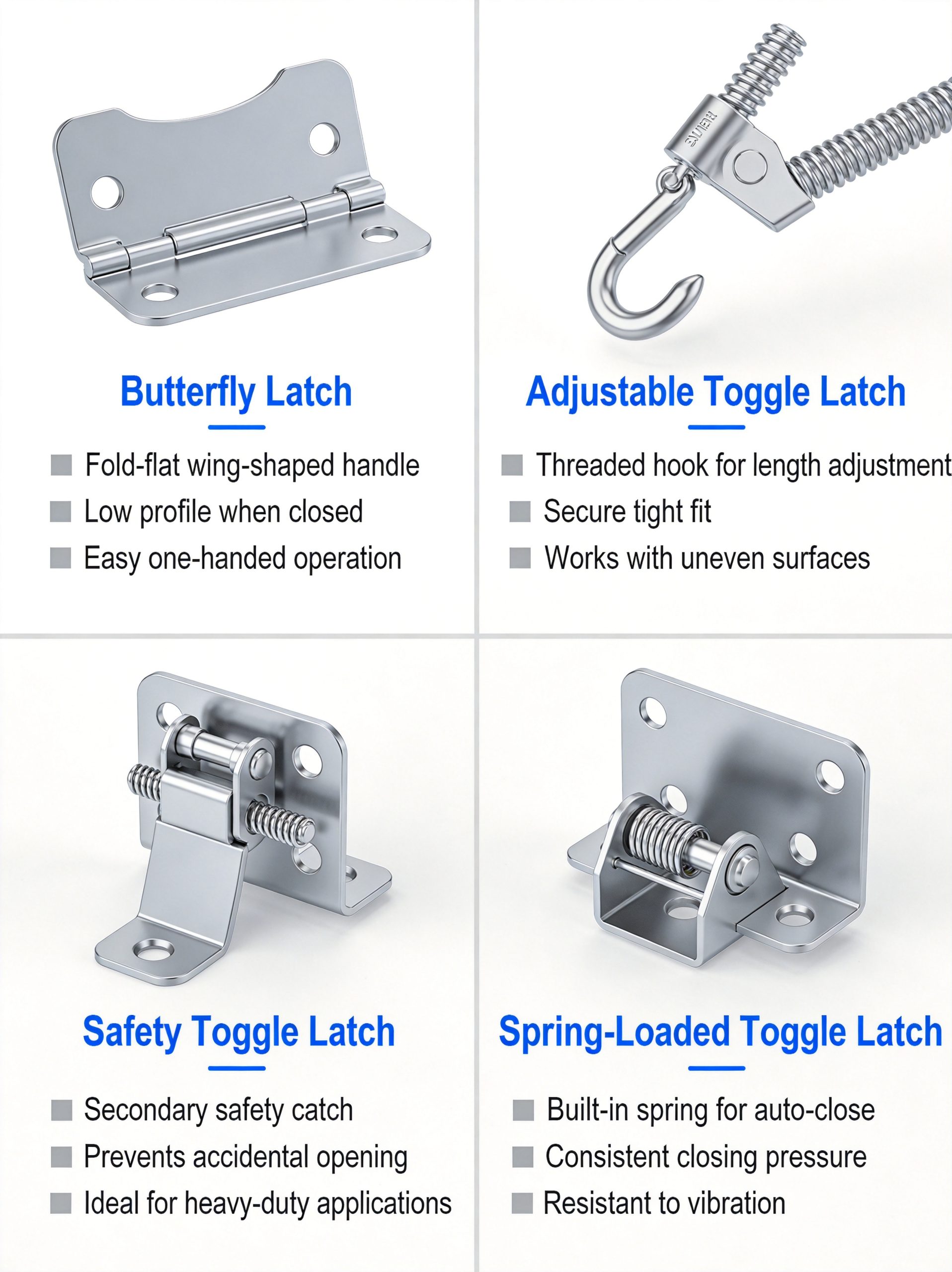 Comparison infographic of four toggle latch types: butterfly, adjustable, safety, and spring-loaded