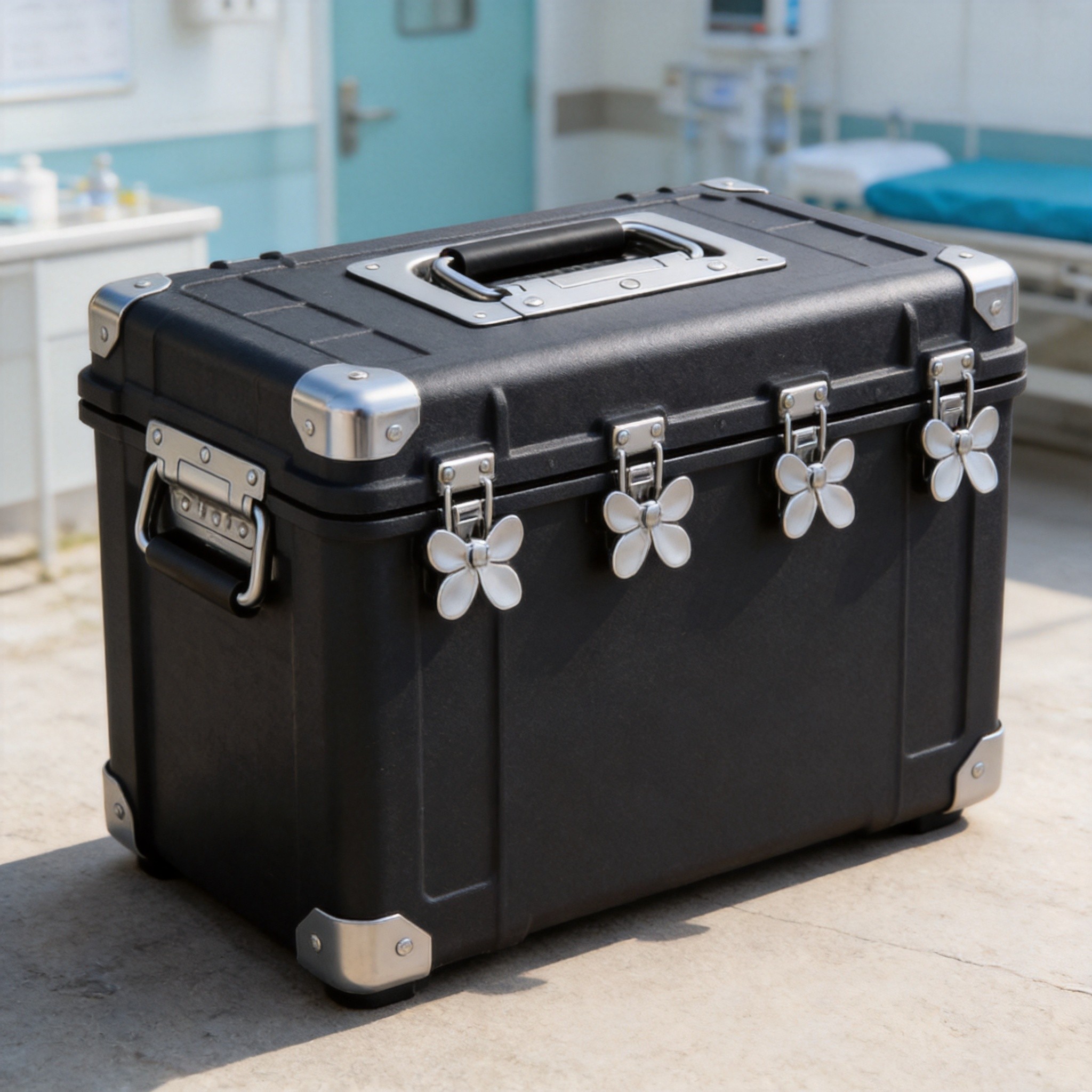 Rugged veterinary field medical case equipped with stainless steel butterfly latches, recessed handle, hinges, and metal corner protectors for animal care equipment transport