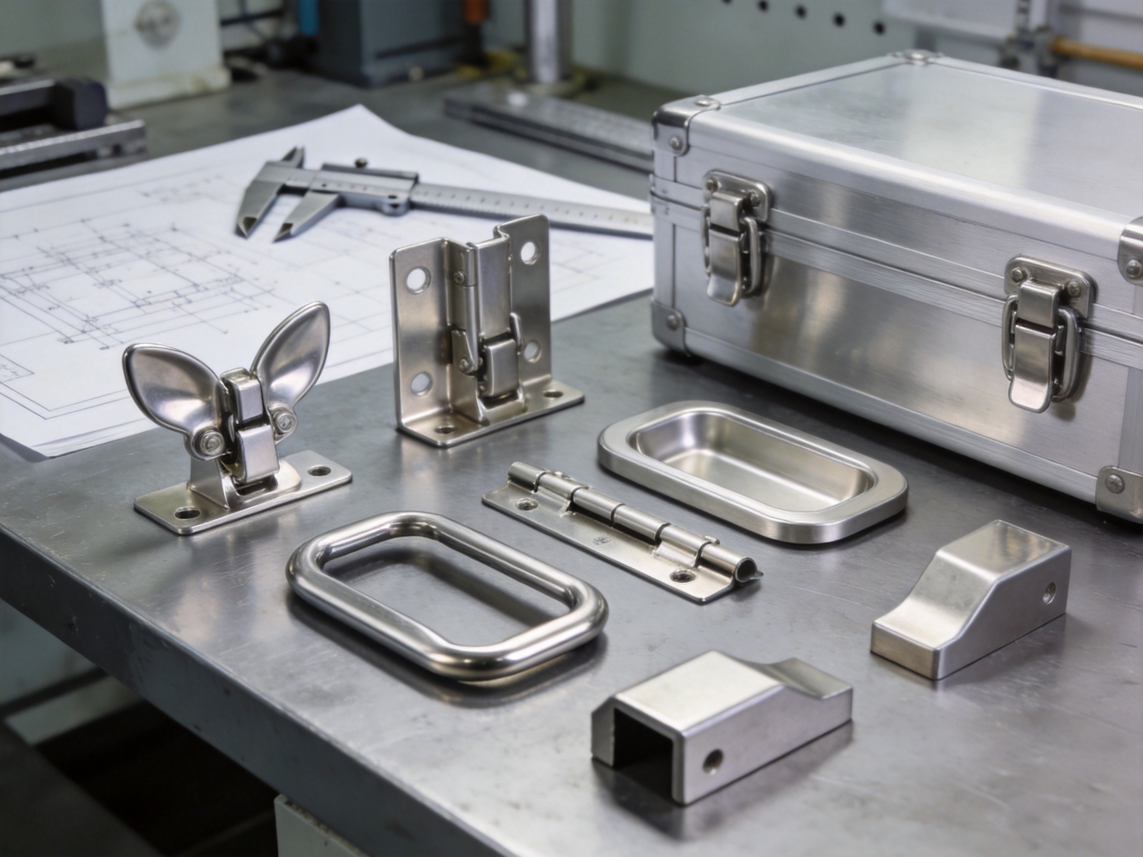 Custom case hardware components on industrial workbench with engineering drawings