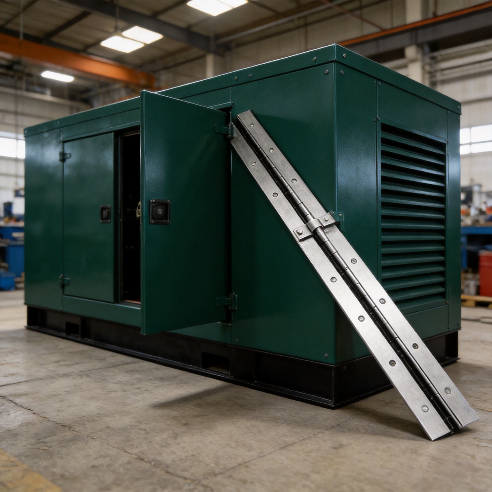 Heavy duty continuous piano hinge mounted on generator enclosure access panel