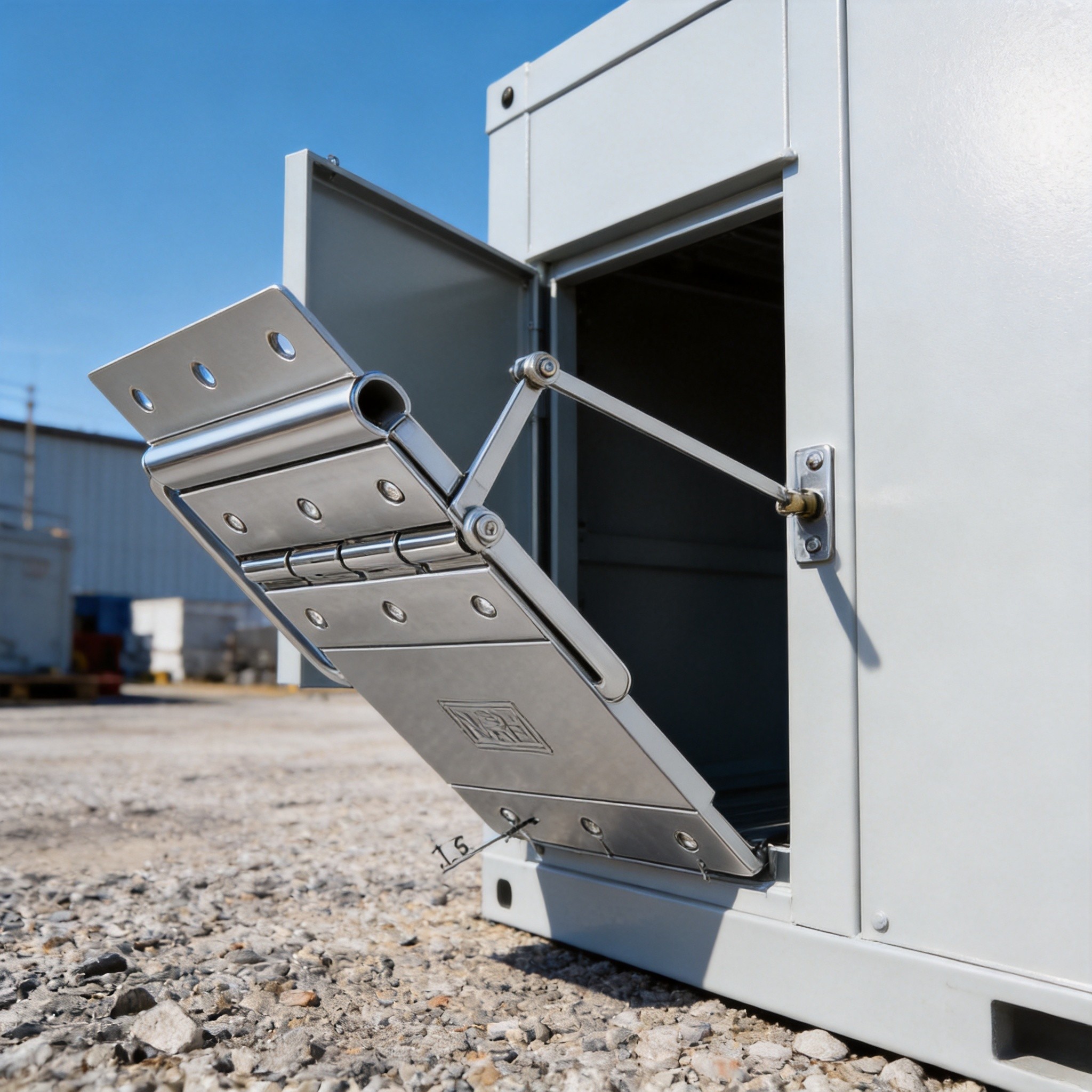 Support hinge with 90 degree stay on compressor enclosure panel