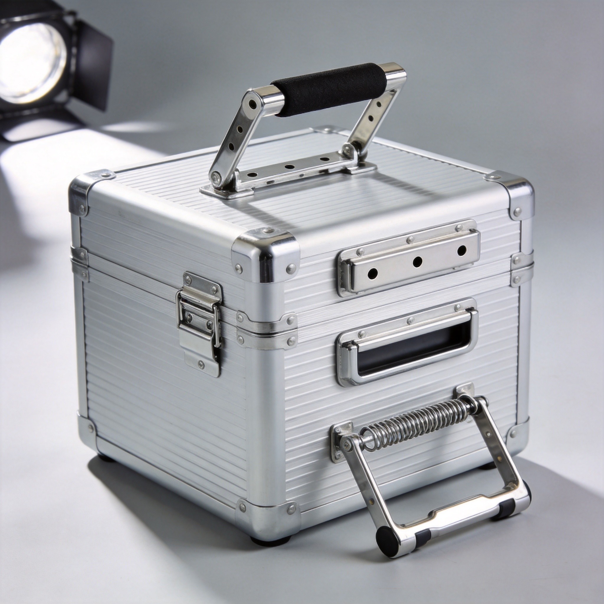 Folding handles mounted on an aluminum equipment case showing tilt-up and flush-mount styles
