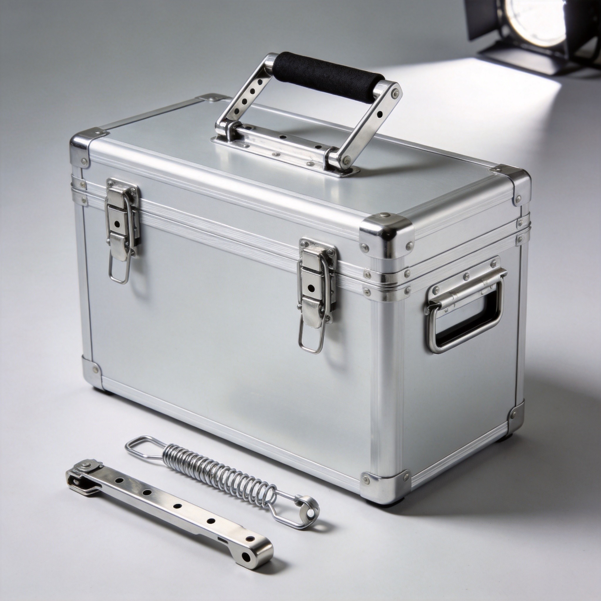 Close-up of stainless steel folding handle hardware showing spring mechanism and mounting base
