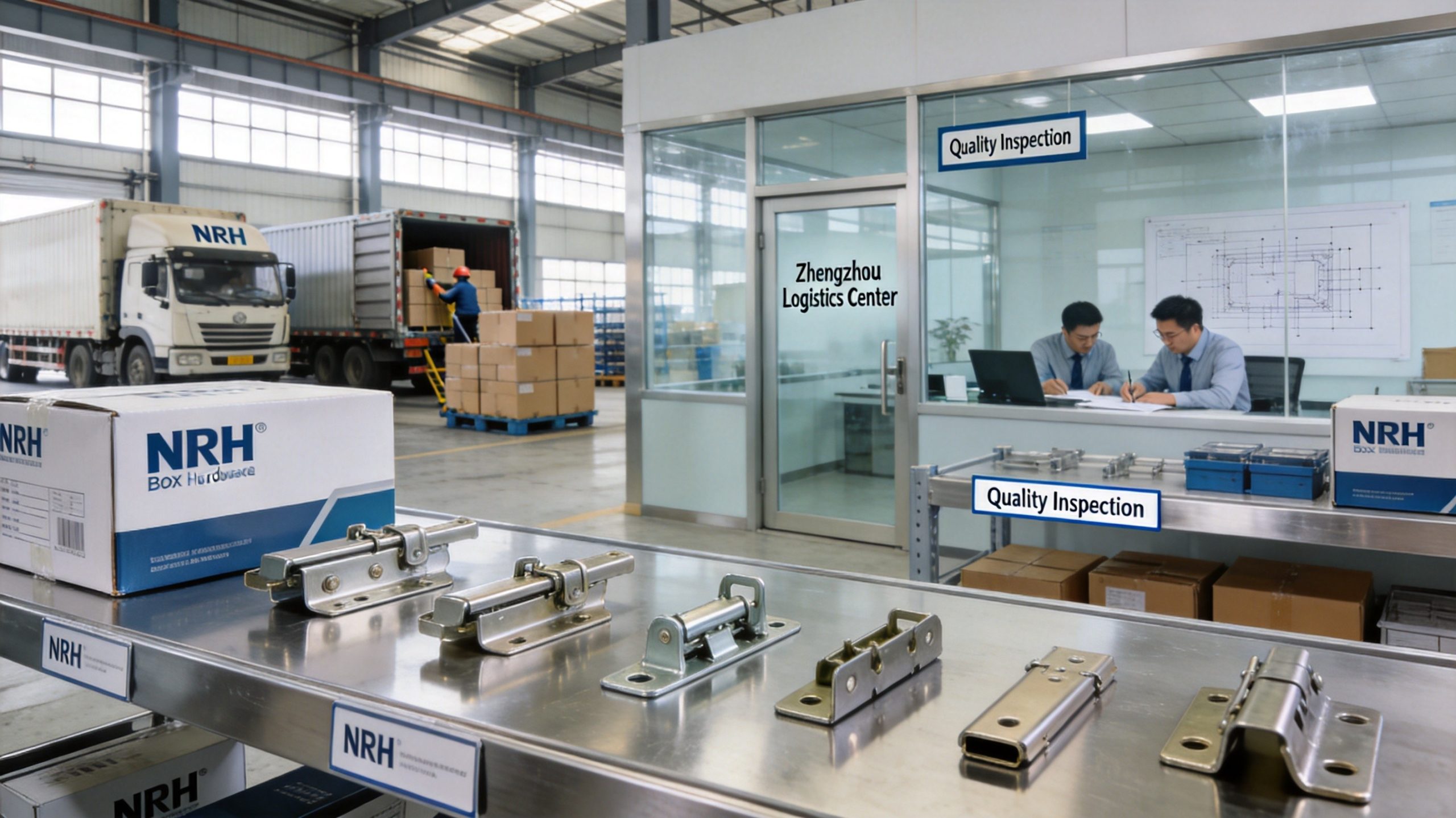NRH Zhengzhou office warehouse with box hardware products on shelving and logistics operations serving Central China manufacturing corridor