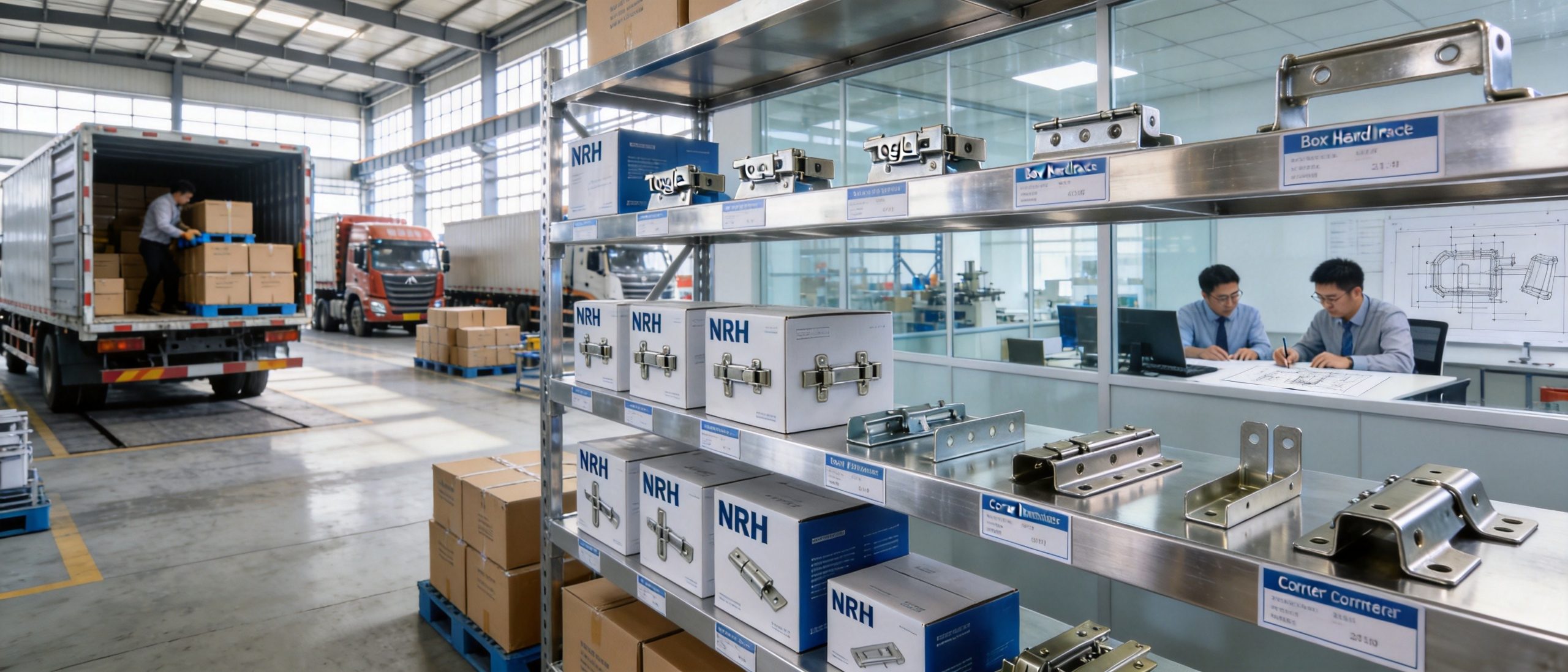 NRH hardware products displayed in Zhengzhou office showroom with technical drawings and Central China distribution map on the wall