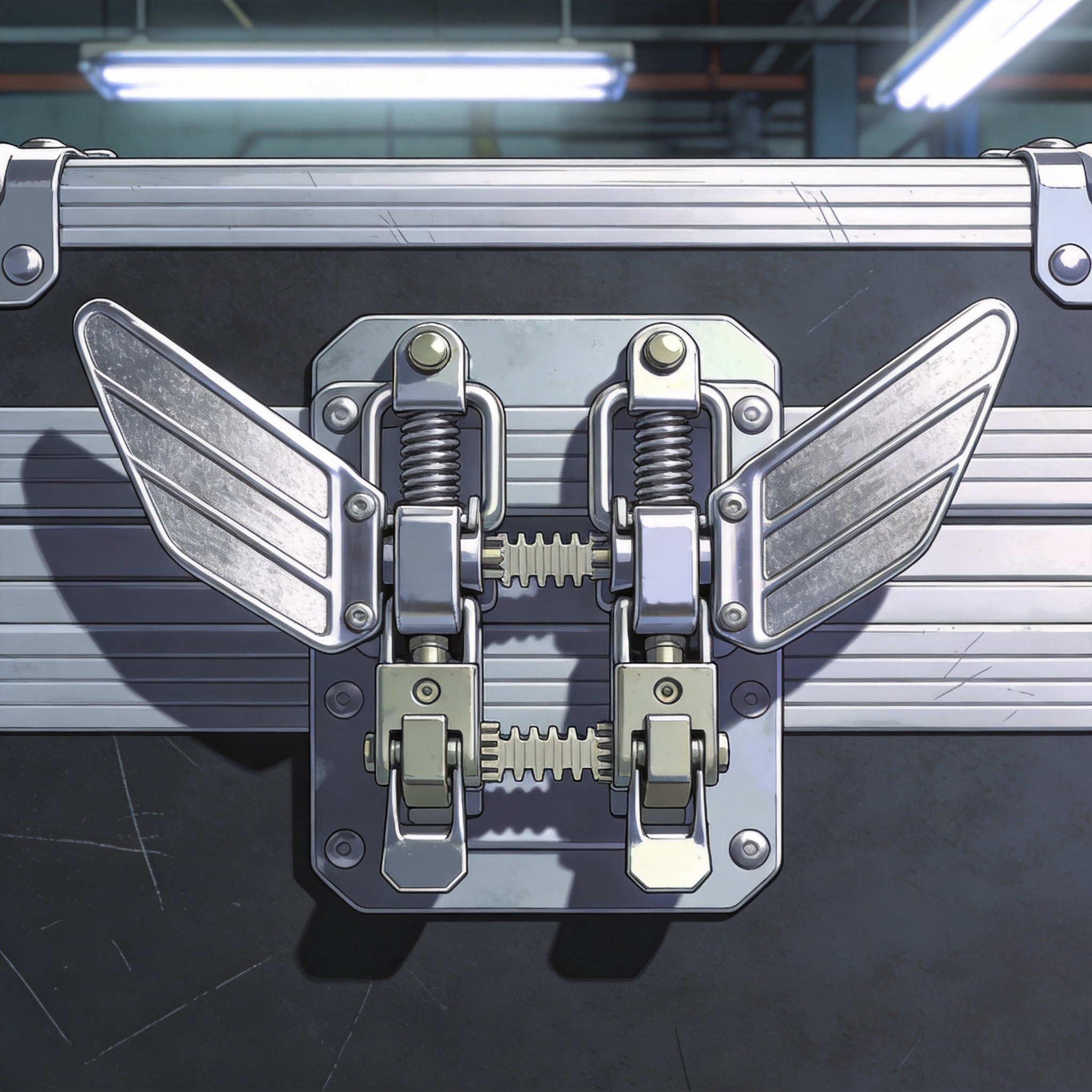 Butterfly latch double-lever locking mechanism close-up on heavy-duty transport case