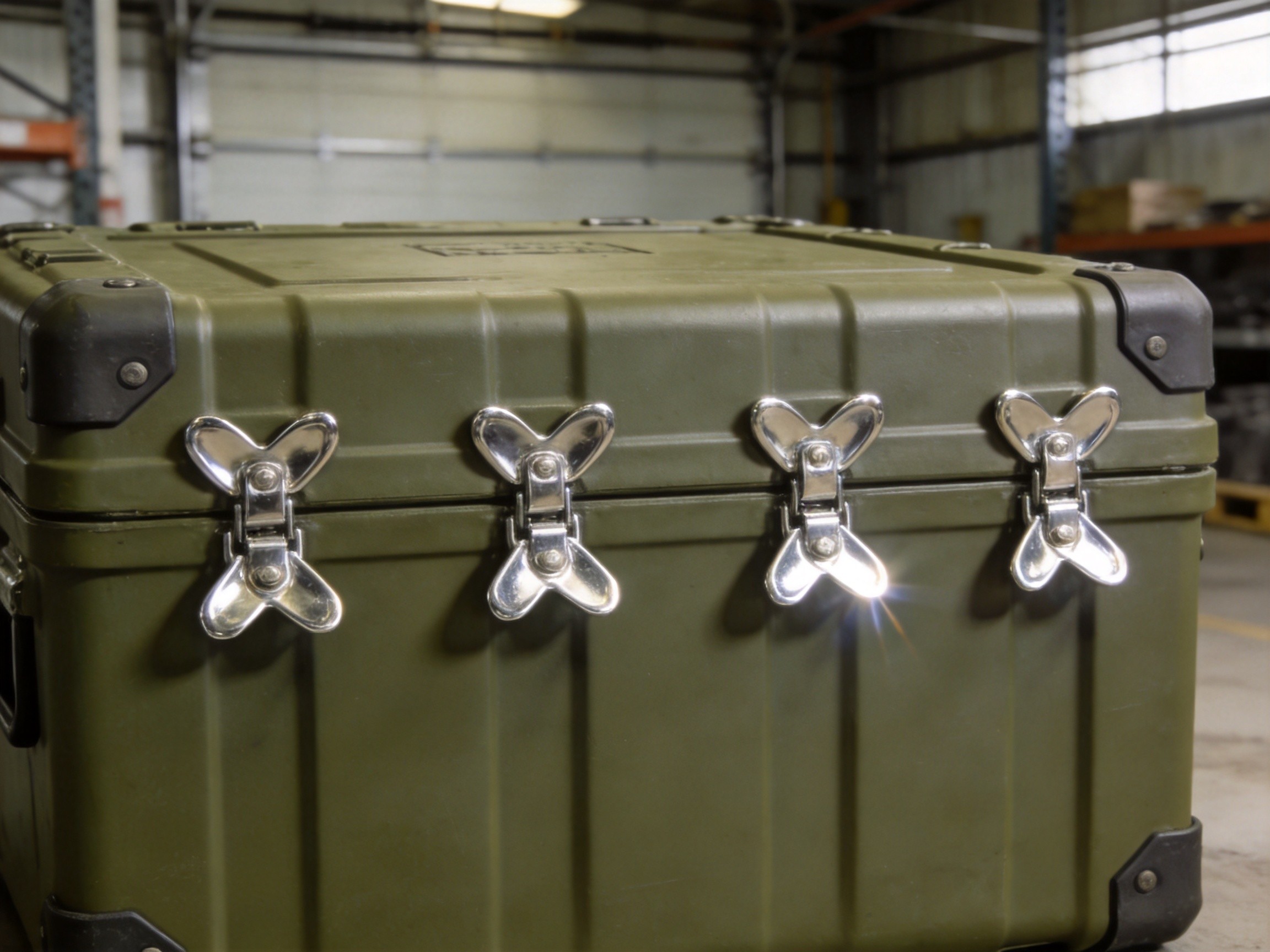 Military-grade transport case secured with multiple butterfly latches