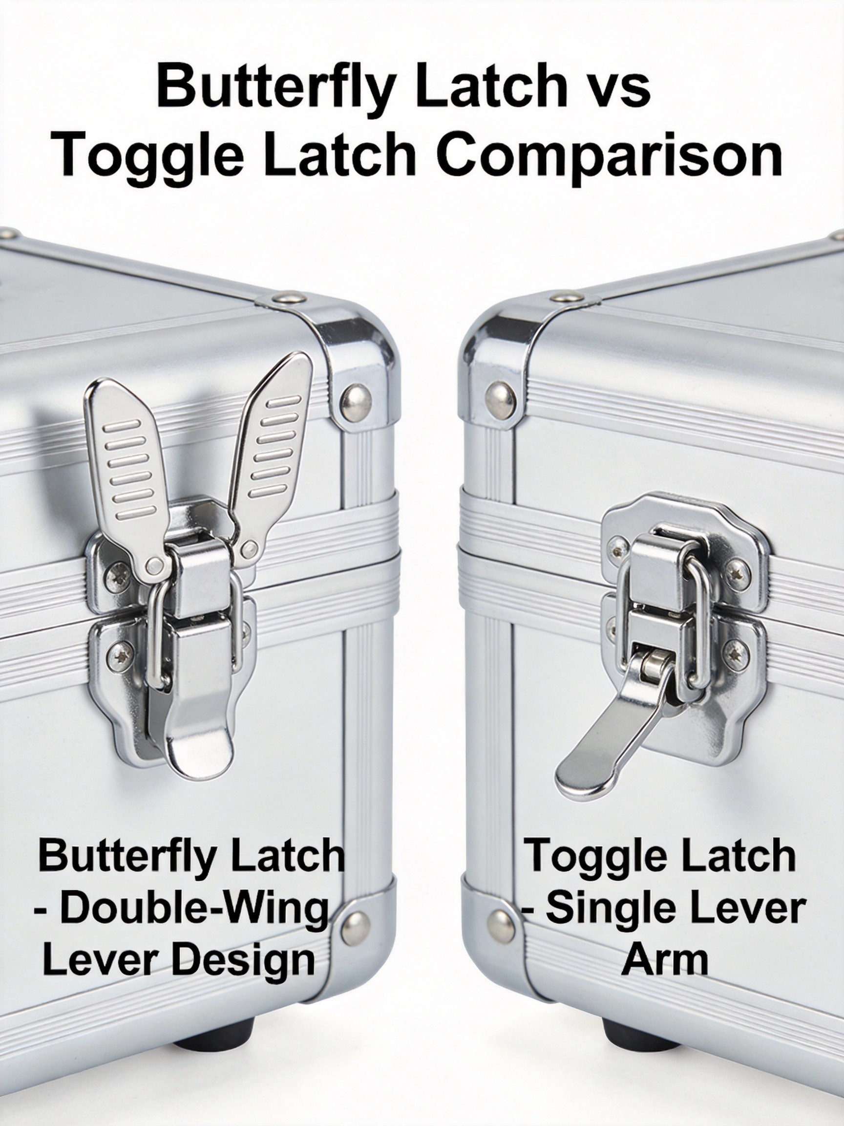 Comparison of butterfly latch vs toggle latch on flight cases