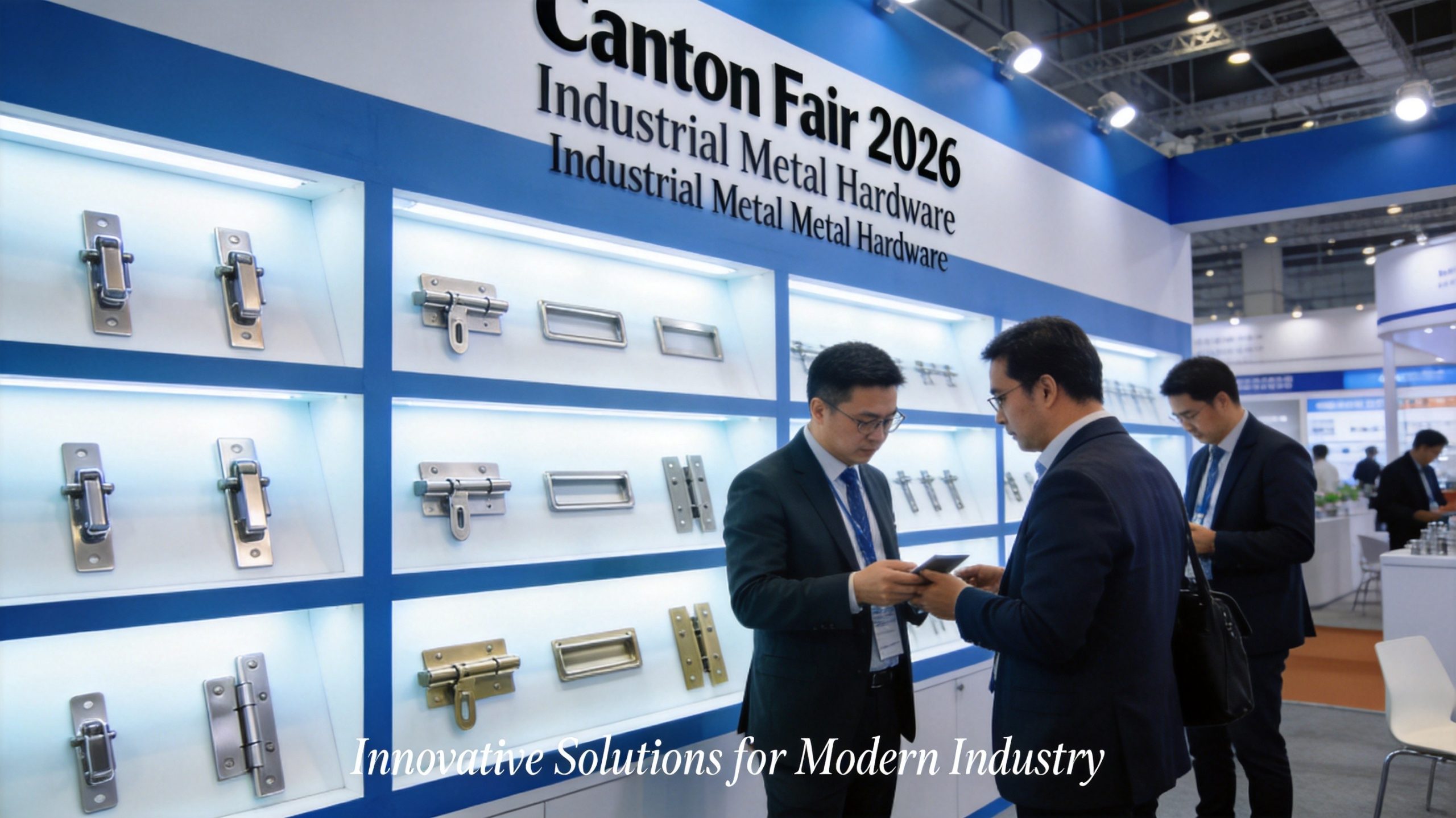 NRH trade show booth displaying toggle latches and case hardware at Canton Fair 2026