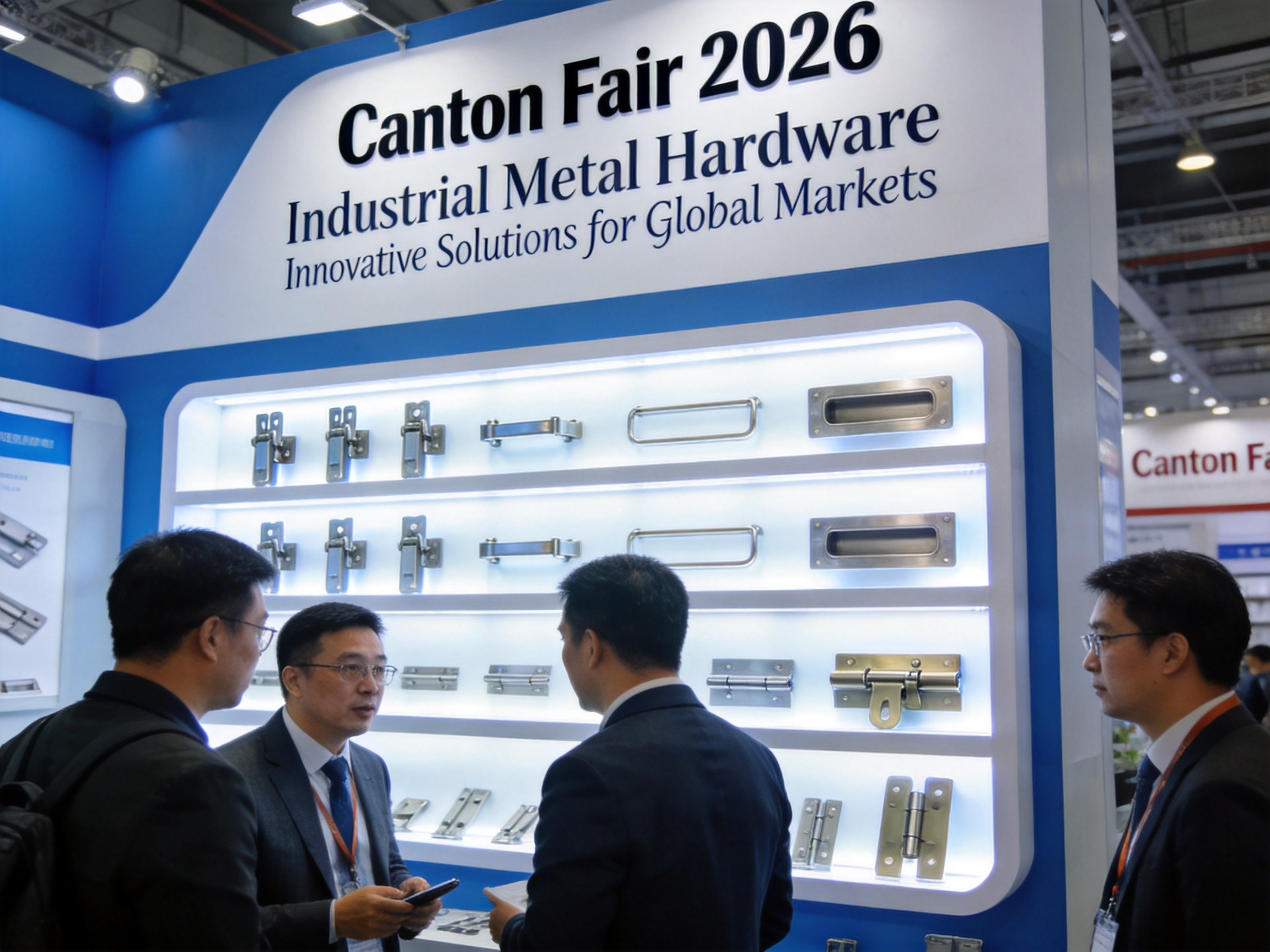 International buyers examining case hardware products and discussing specifications at NRH booth