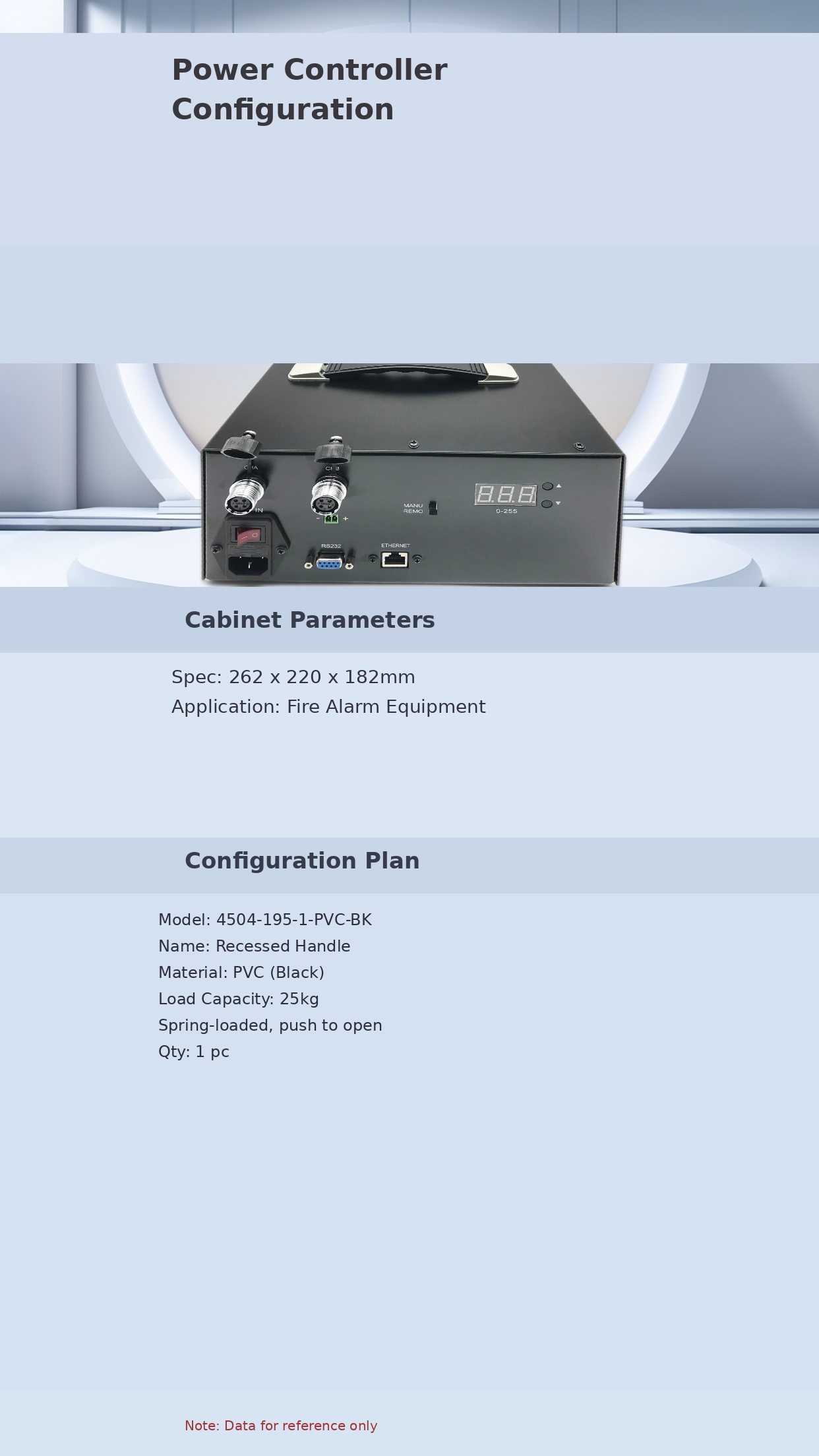 Power controller enclosure with NRH 4504-195-1-PVC-BK spring-loaded recessed handle