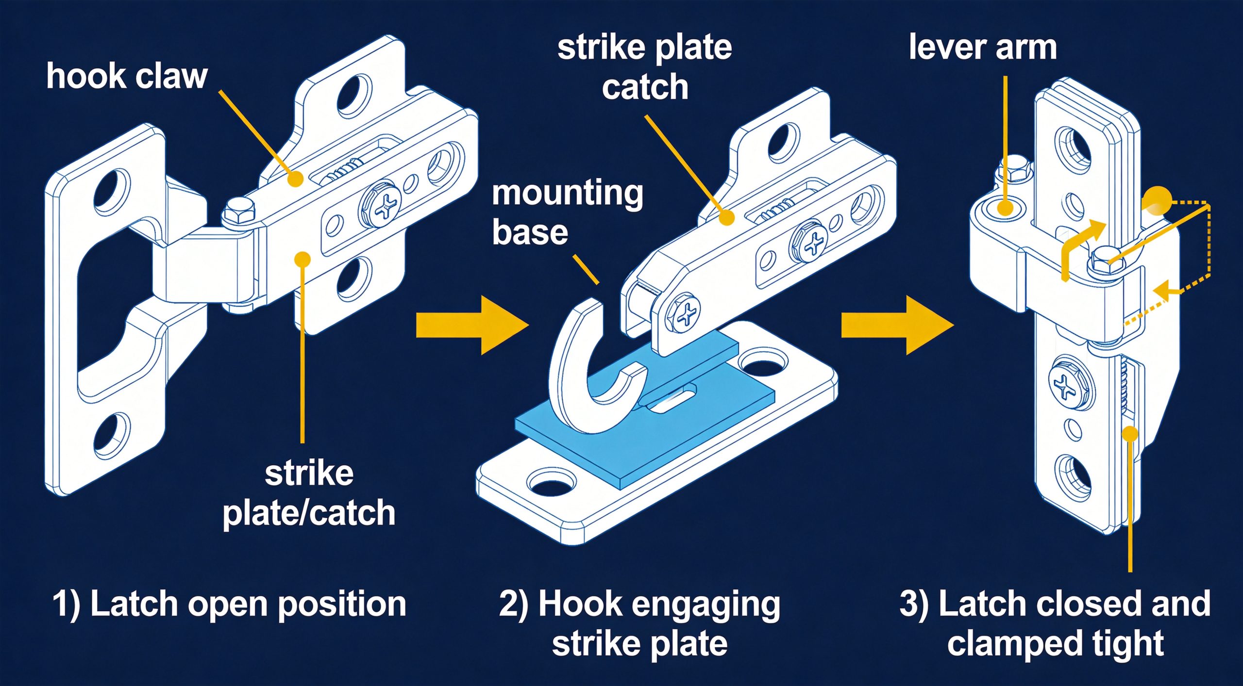 Draw latch mechanism diagram showing hook-and-strike engagement sequence