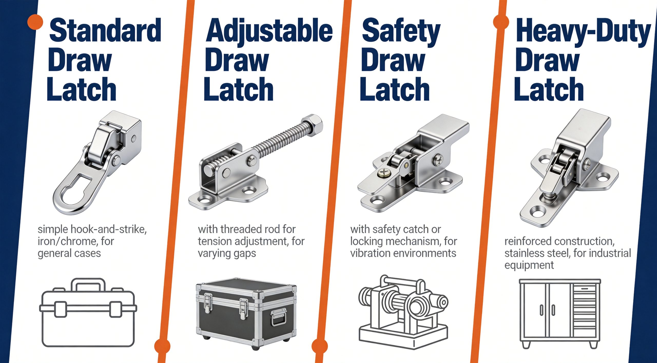 Comparison of four draw latch types: standard, adjustable, safety, and heavy-duty