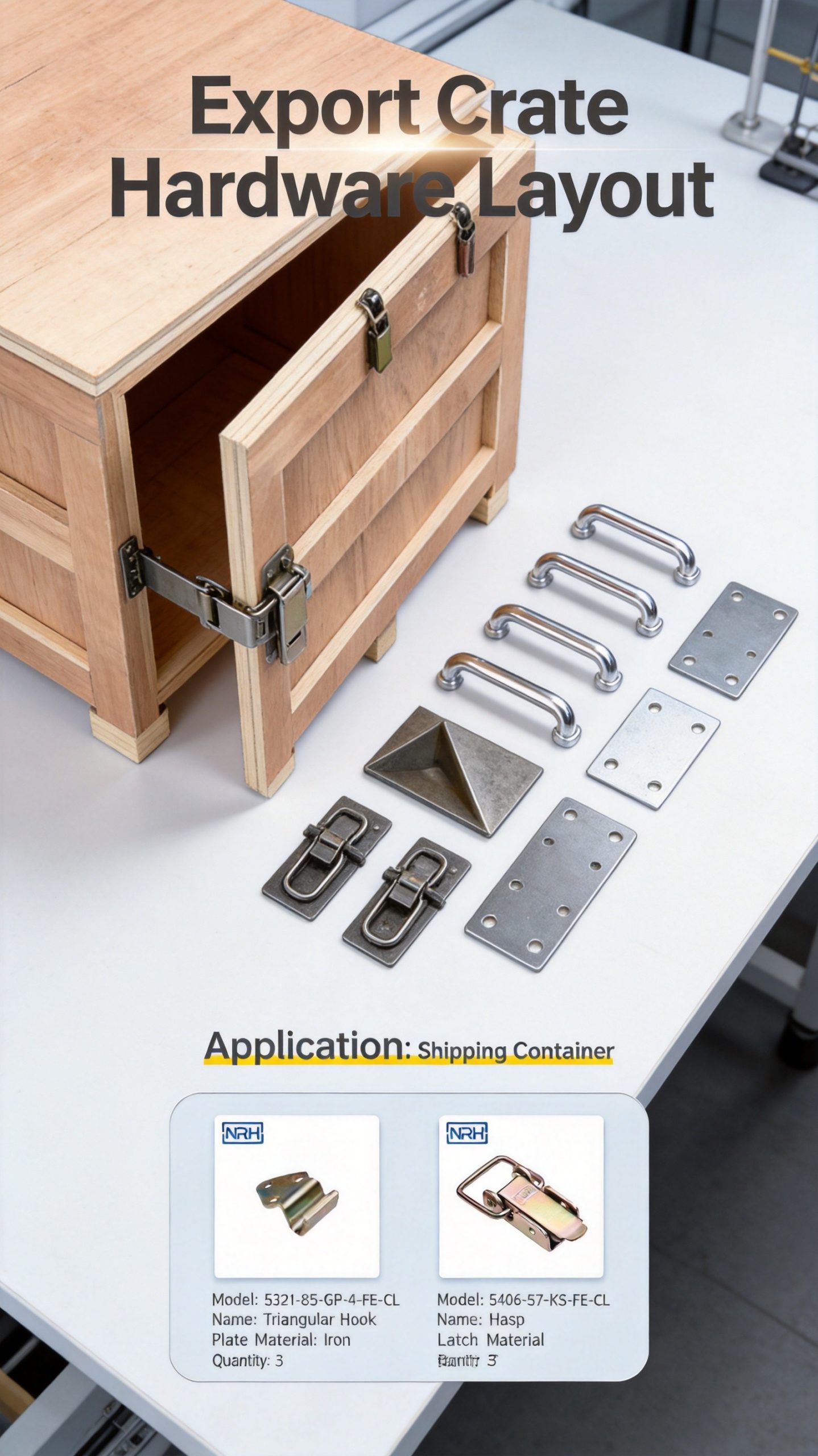 Export crate hardware components laid out on workbench: hasp latches, hook plates, chrome handles, and reinforcement plates next to a wooden shipping crate